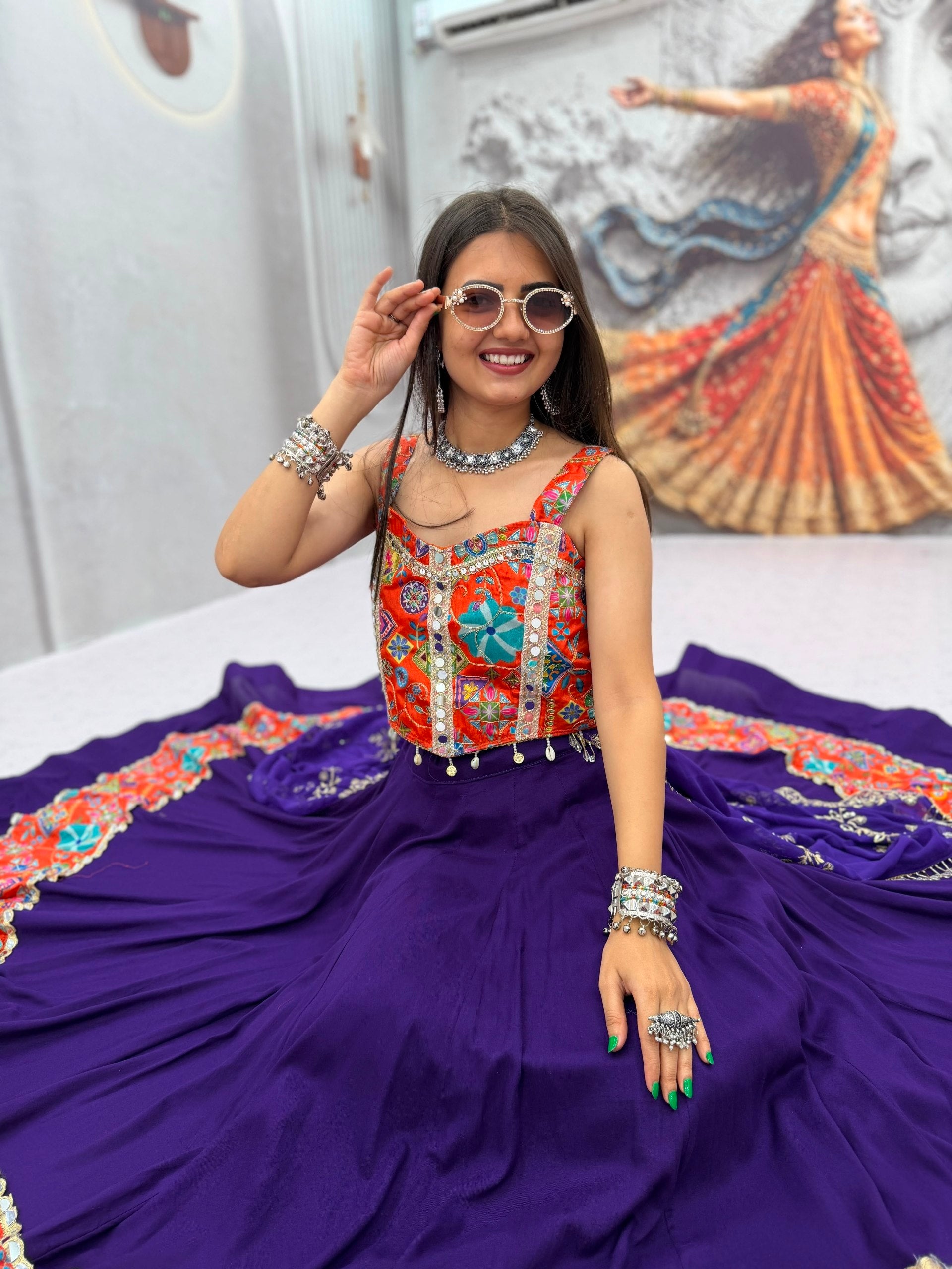 Royal Purple Cotton Navratri Lehenga Choli Set with Multicolor Mirror Work & Embroidered Dupatta
