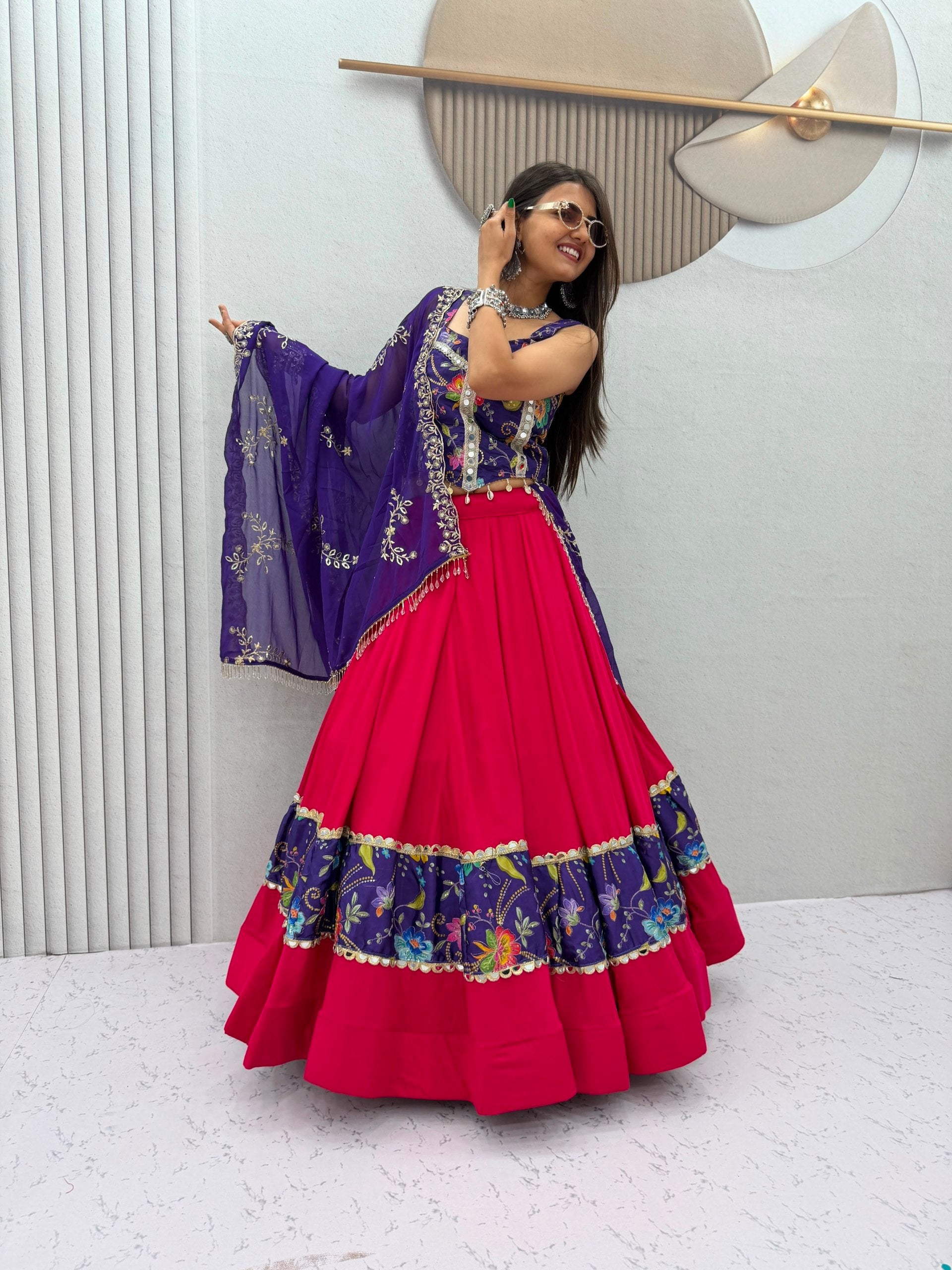 Hot Pink & Royal Purple Navratri Lehenga Choli Set with Mirror Work & Embroidered Dupatta