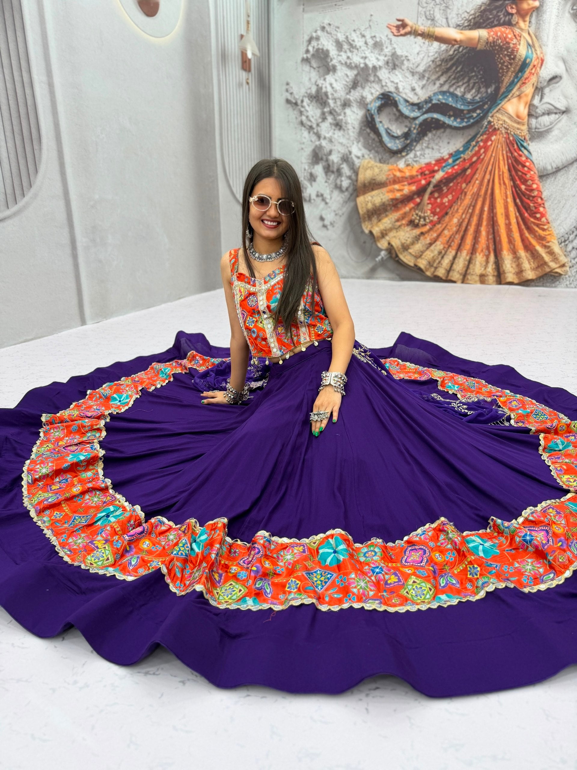 Royal Purple Cotton Navratri Lehenga Choli Set with Multicolor Mirror Work & Embroidered Dupatta