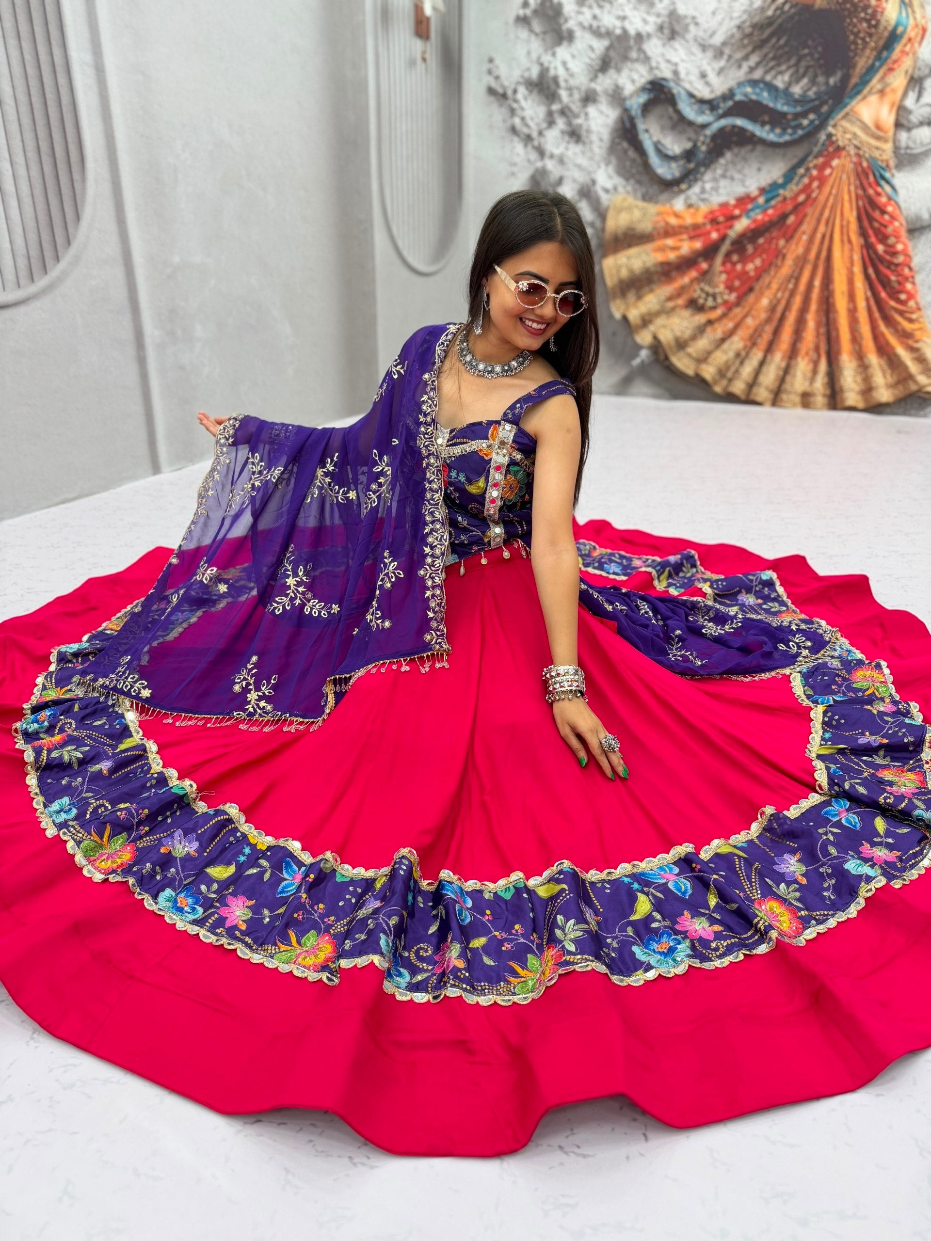 Hot Pink & Royal Purple Navratri Lehenga Choli Set with Mirror Work & Embroidered Dupatta