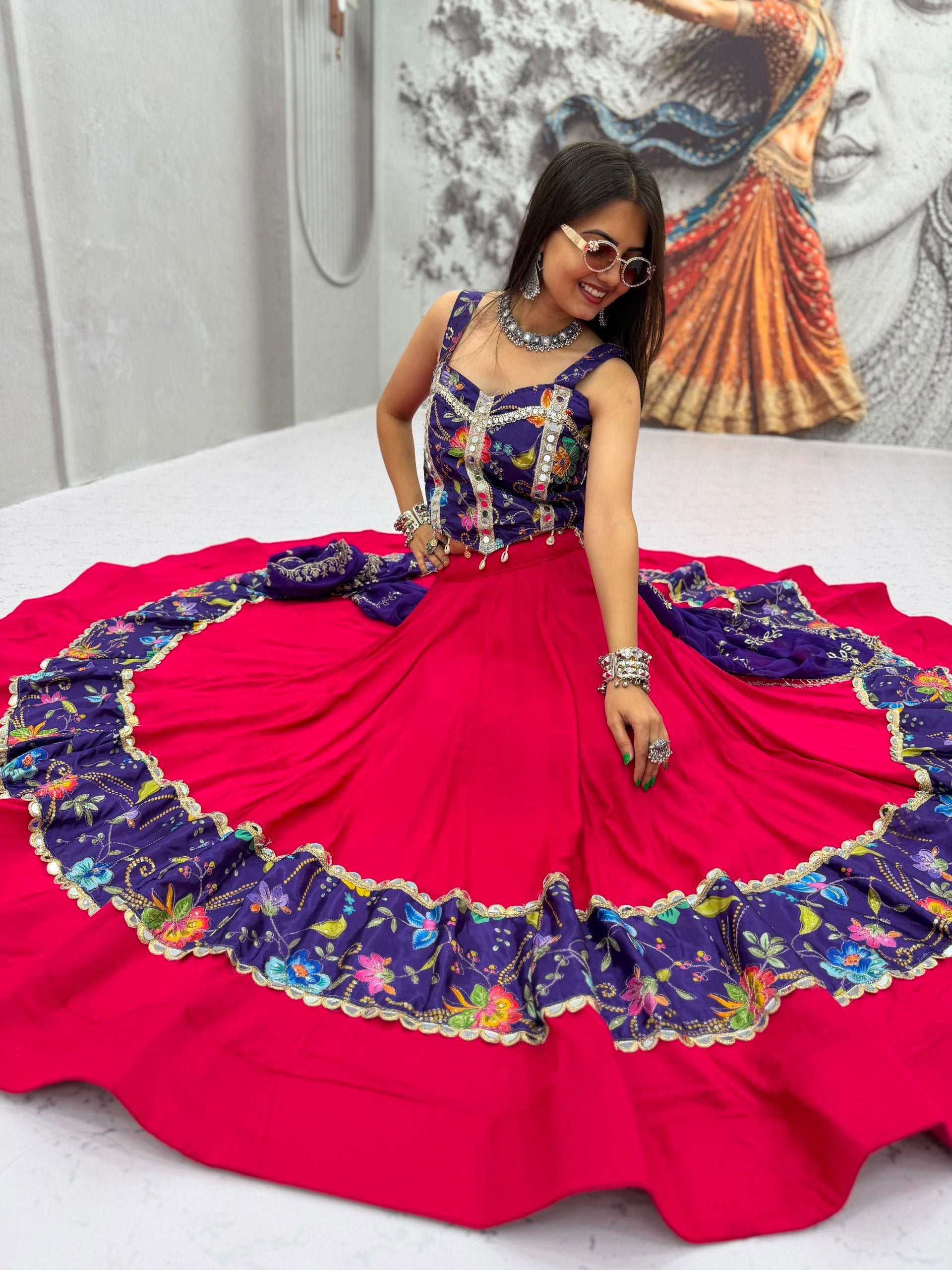 Hot Pink & Royal Purple Navratri Lehenga Choli Set with Mirror Work & Embroidered Dupatta