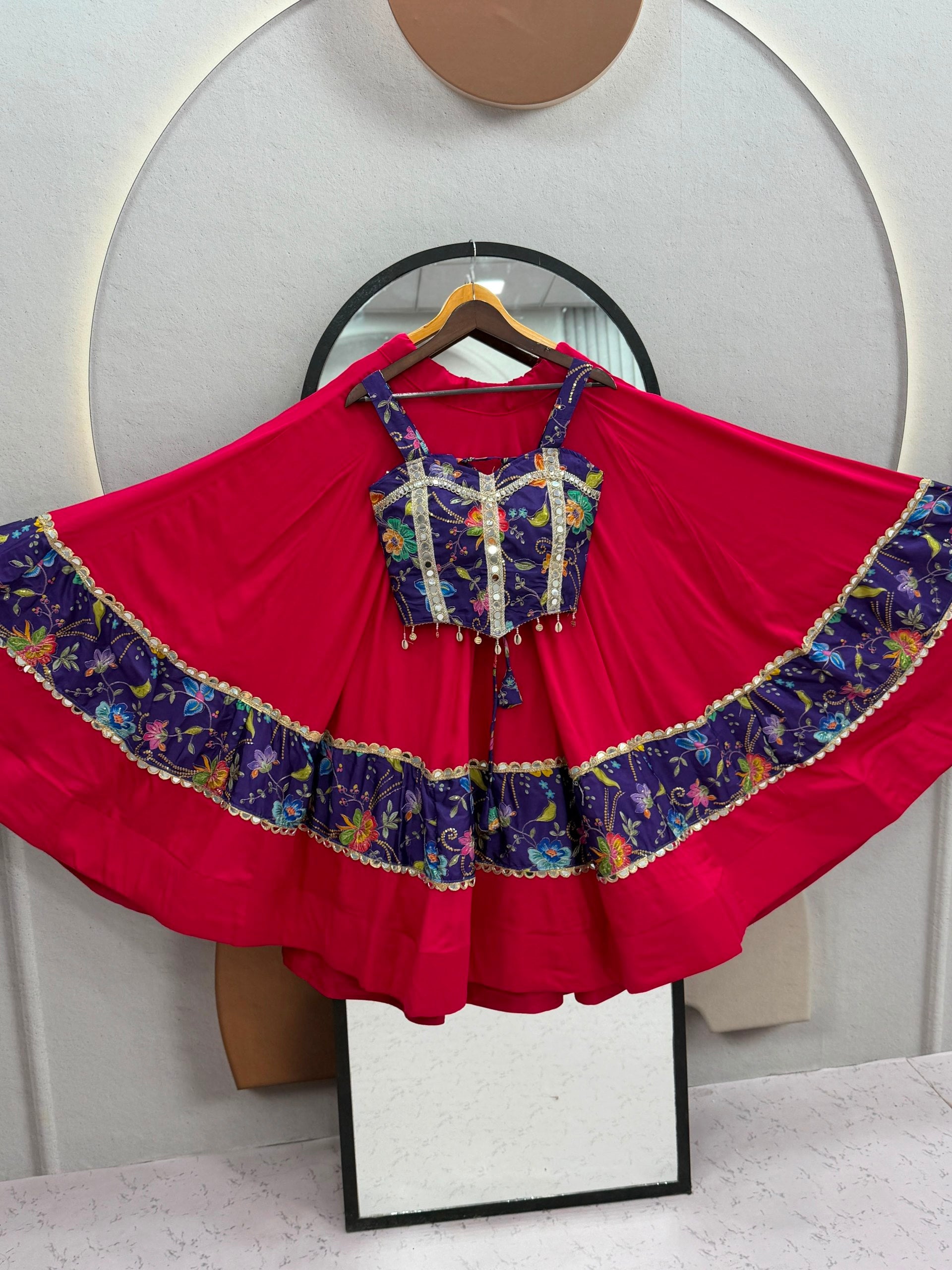 Hot Pink & Royal Purple Navratri Lehenga Choli Set with Mirror Work & Embroidered Dupatta