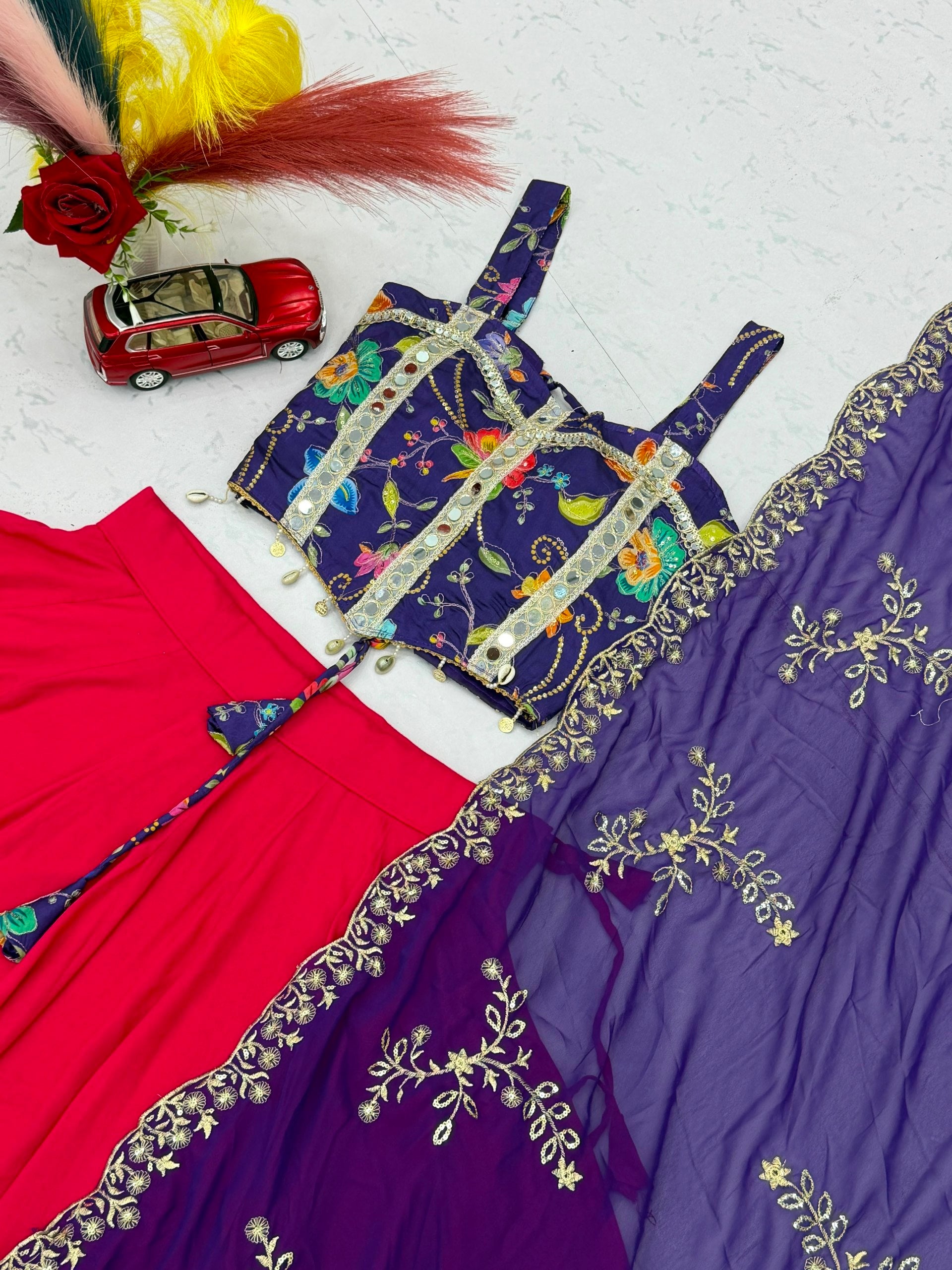 Hot Pink & Royal Purple Navratri Lehenga Choli Set with Mirror Work & Embroidered Dupatta