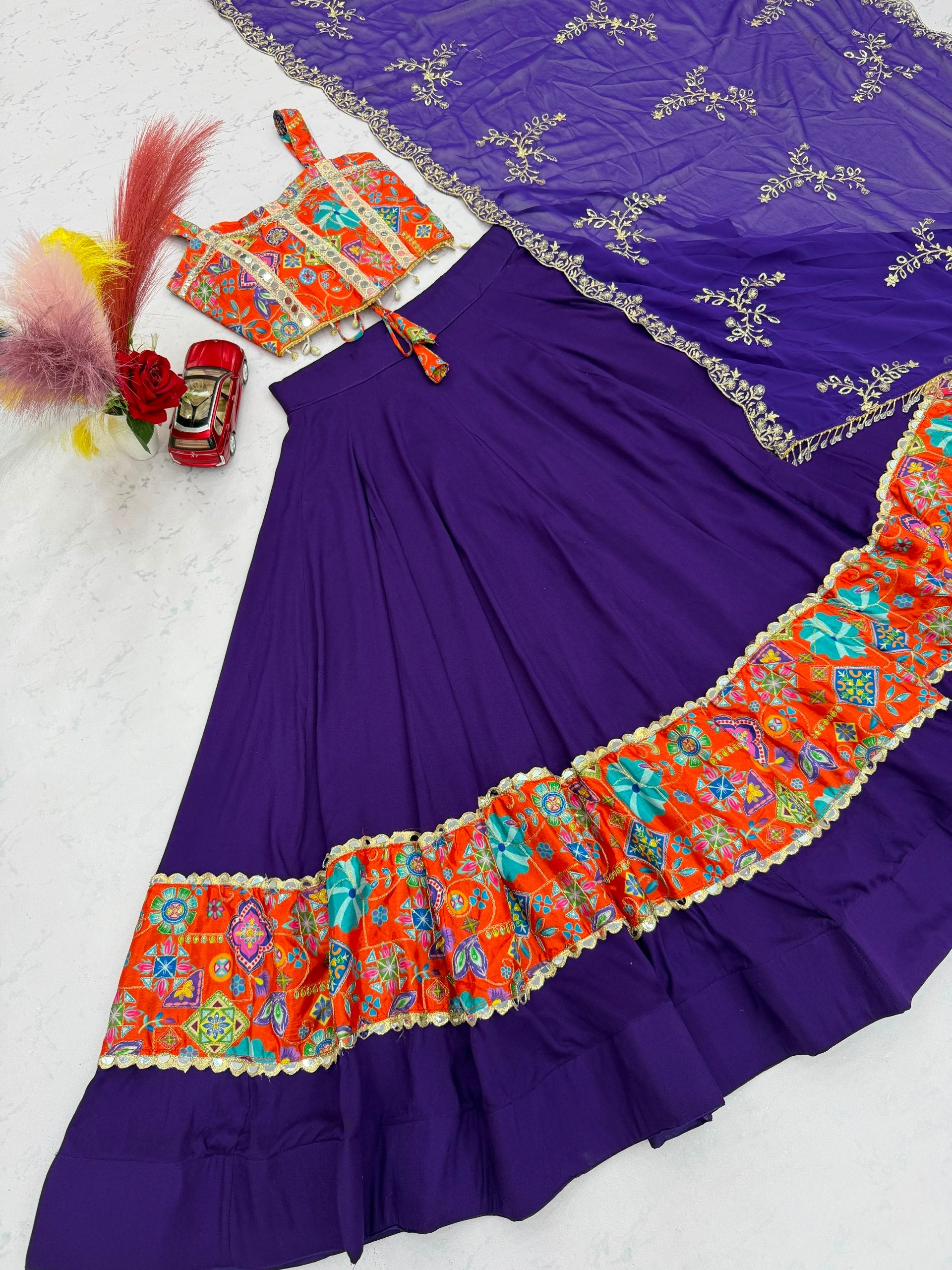 Royal Purple Cotton Navratri Lehenga Choli Set with Multicolor Mirror Work & Embroidered Dupatta