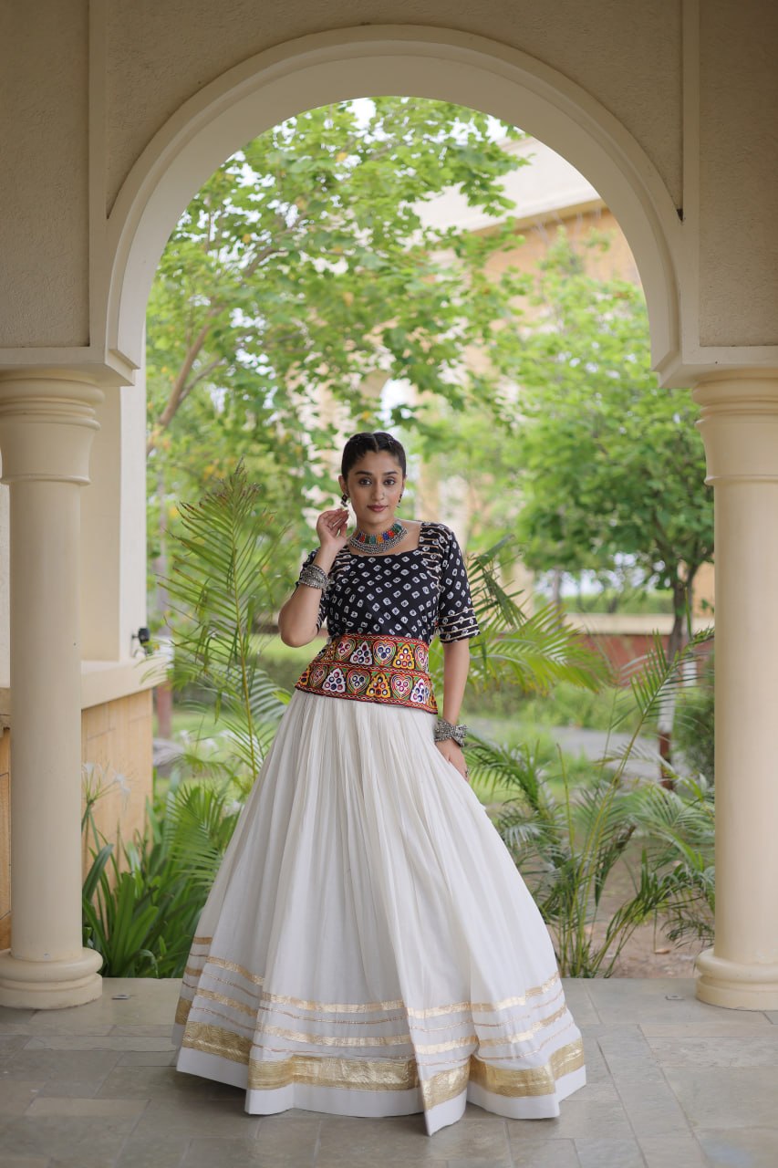 Black Gamthi Bandhej Cotton Blouse with Gota Patti Cora Cotton Lehenga
