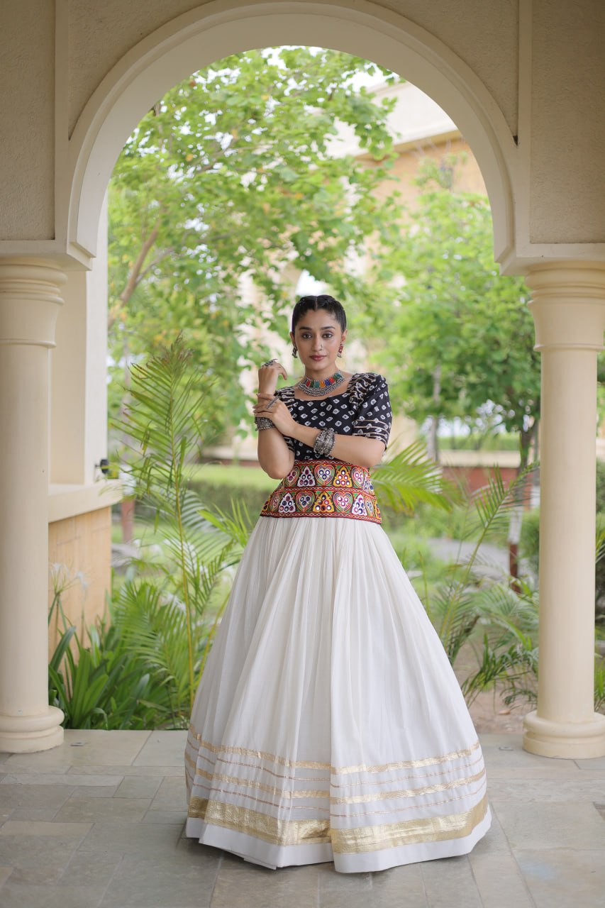 Black Gamthi Bandhej Cotton Blouse with Gota Patti Cora Cotton Lehenga
