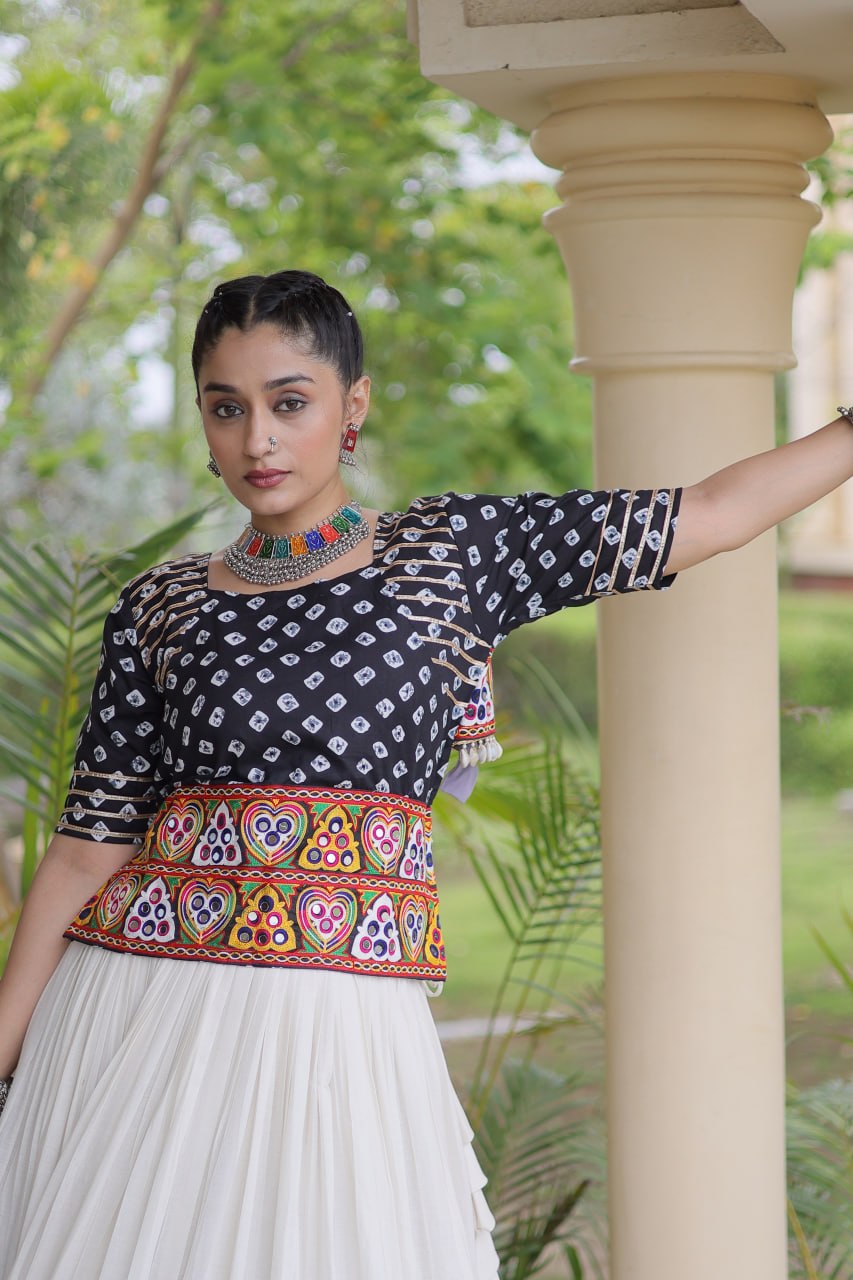 Black Gamthi Bandhej Cotton Blouse with Gota Patti Cora Cotton Lehenga