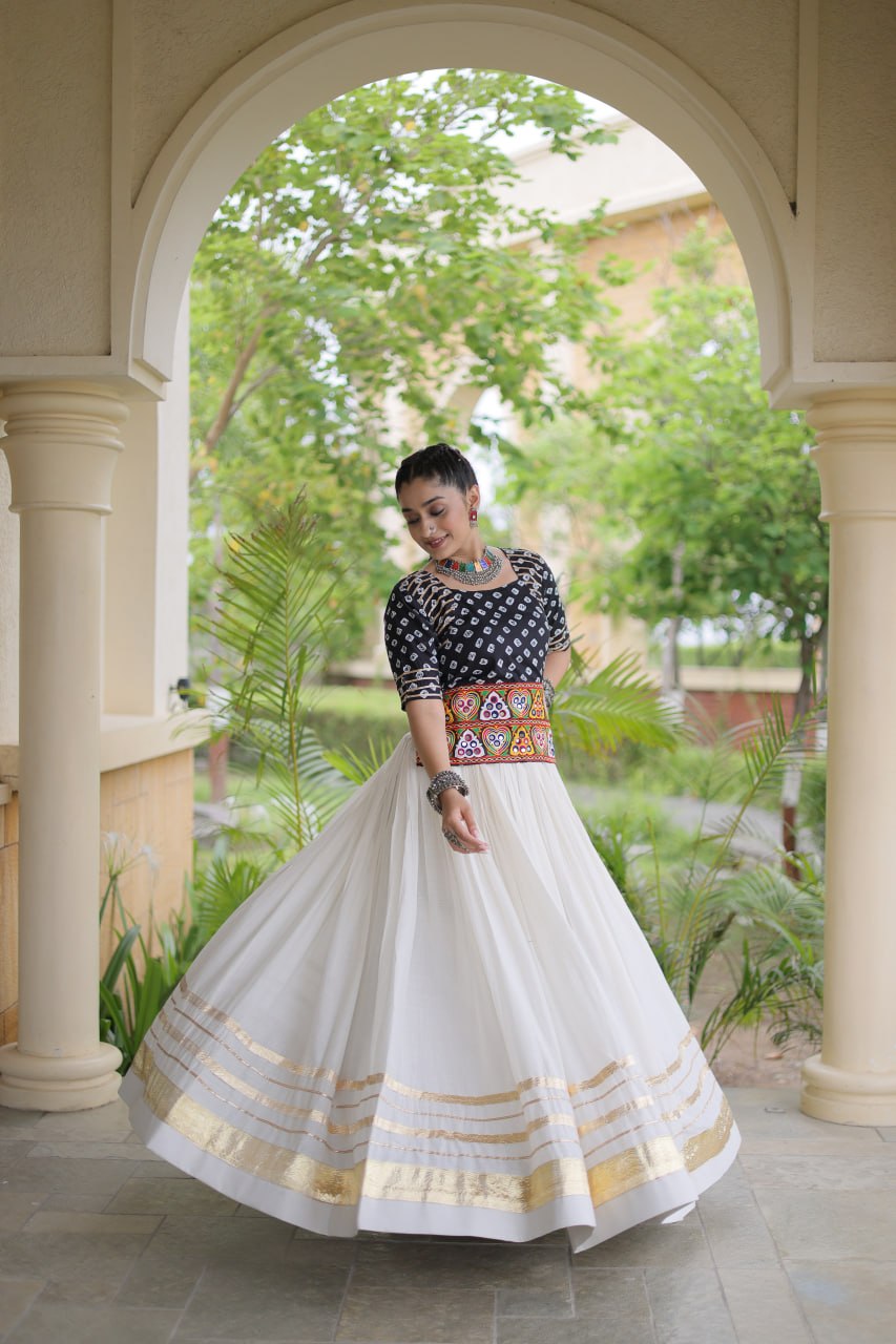 Black Gamthi Bandhej Cotton Blouse with Gota Patti Cora Cotton Lehenga