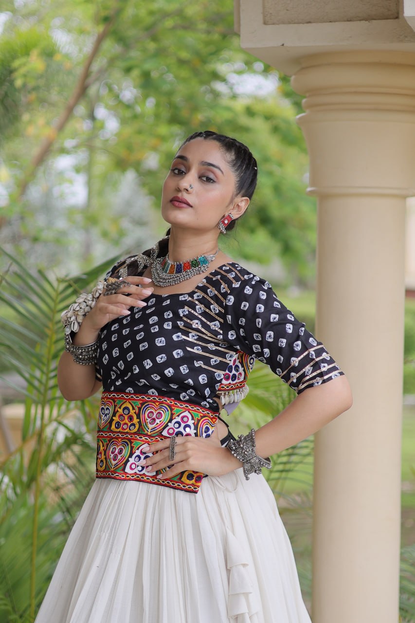 Black Gamthi Bandhej Cotton Blouse with Gota Patti Cora Cotton Lehenga