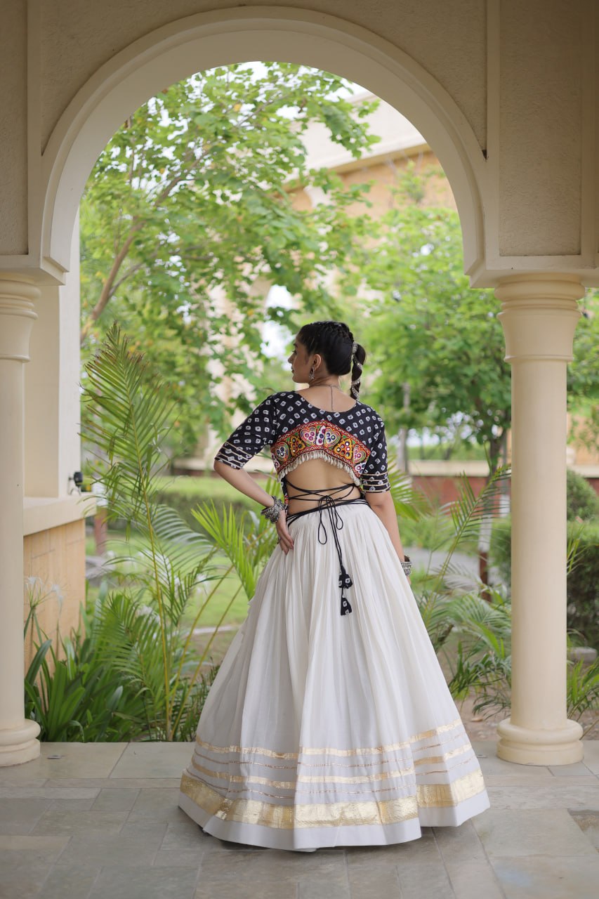 Black Gamthi Bandhej Cotton Blouse with Gota Patti Cora Cotton Lehenga