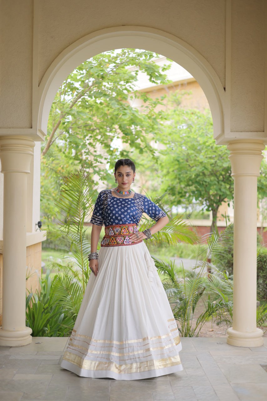 Blue Gamthi Bandhej Cotton Blouse with Gota Patti Cora Cotton Lehenga – Navratri 2026