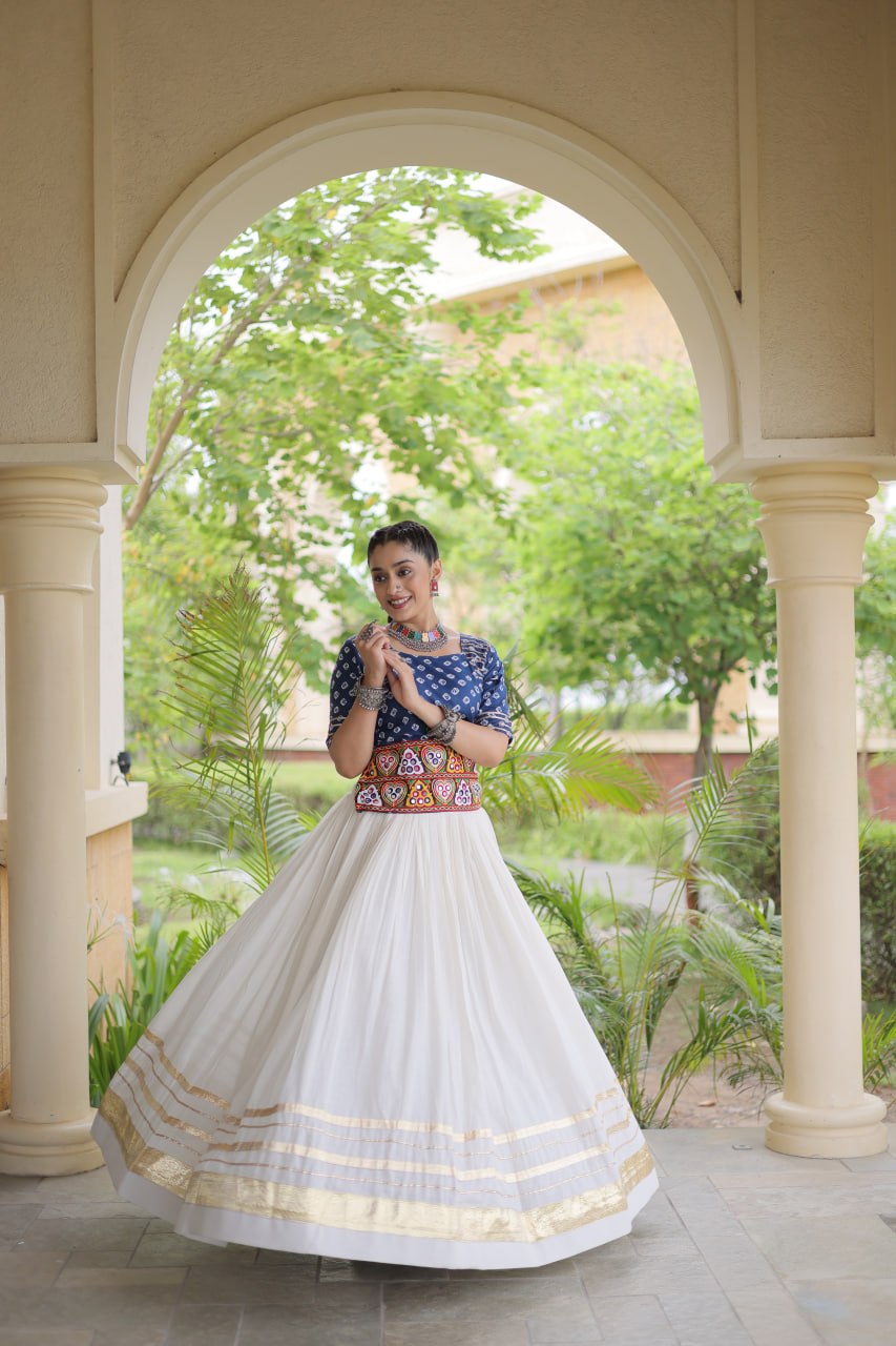 Blue Gamthi Bandhej Cotton Blouse with Gota Patti Cora Cotton Lehenga – Navratri 2026
