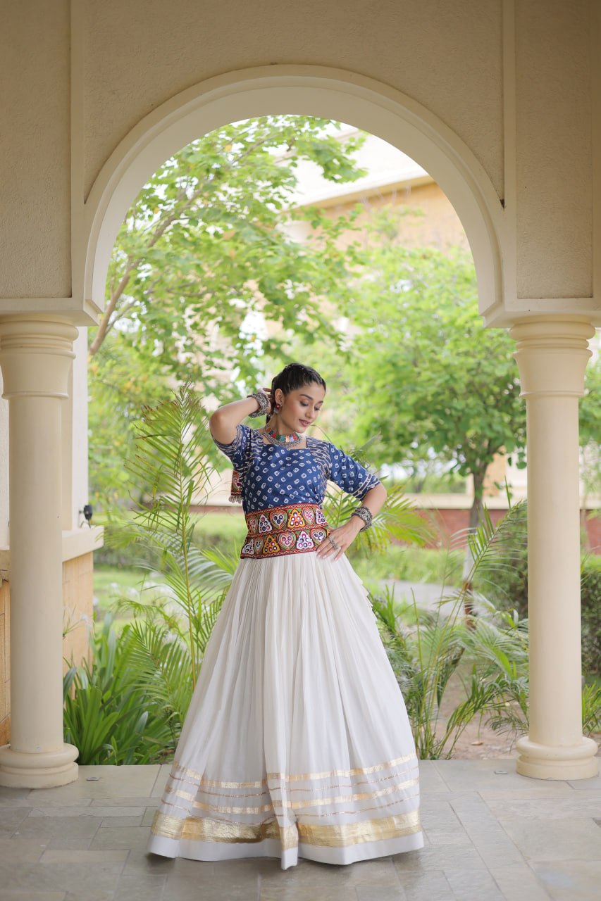 Blue Gamthi Bandhej Cotton Blouse with Gota Patti Cora Cotton Lehenga – Navratri 2026