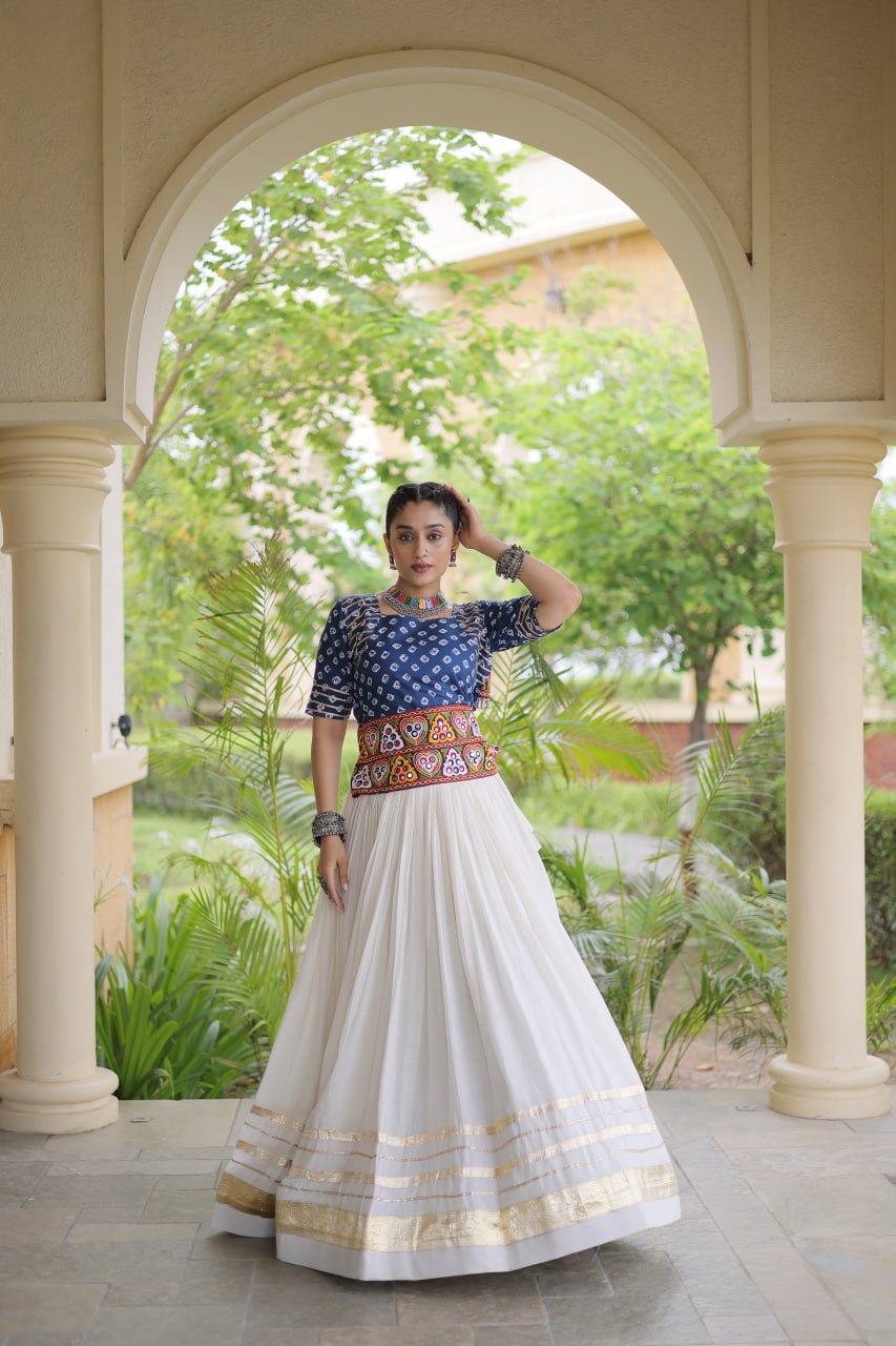 Blue Gamthi Bandhej Cotton Blouse with Gota Patti Cora Cotton Lehenga – Navratri 2026