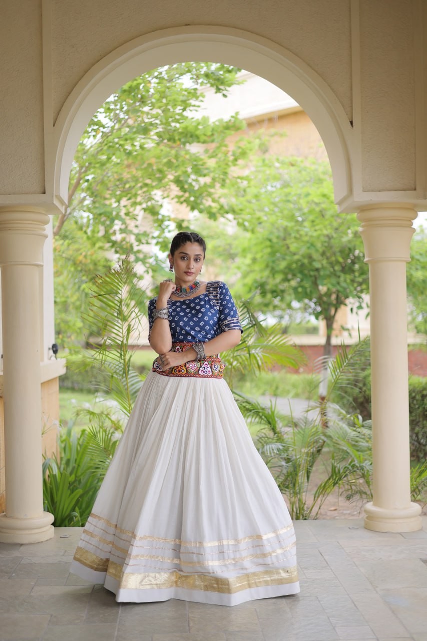 Blue Gamthi Bandhej Cotton Blouse with Gota Patti Cora Cotton Lehenga – Navratri 2026