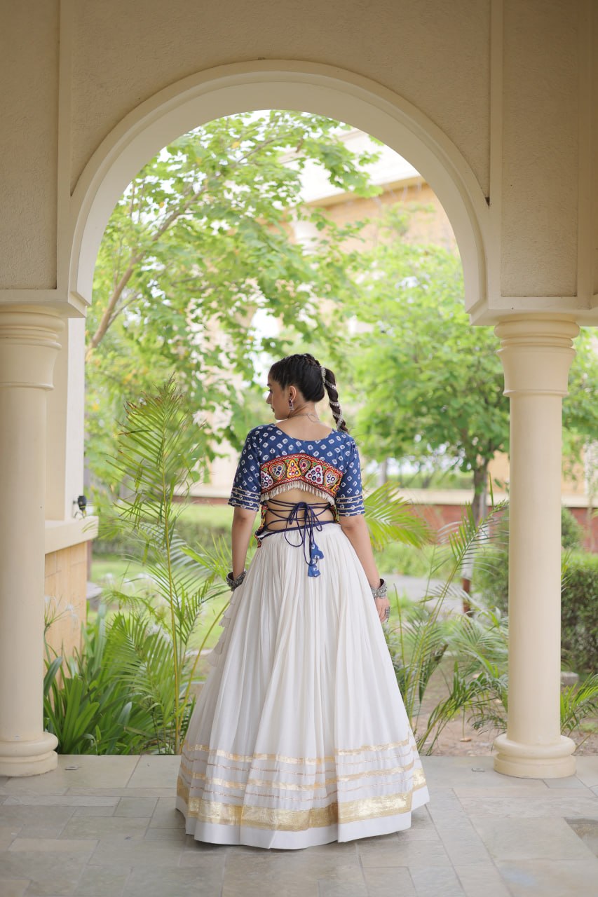 Blue Gamthi Bandhej Cotton Blouse with Gota Patti Cora Cotton Lehenga – Navratri 2026