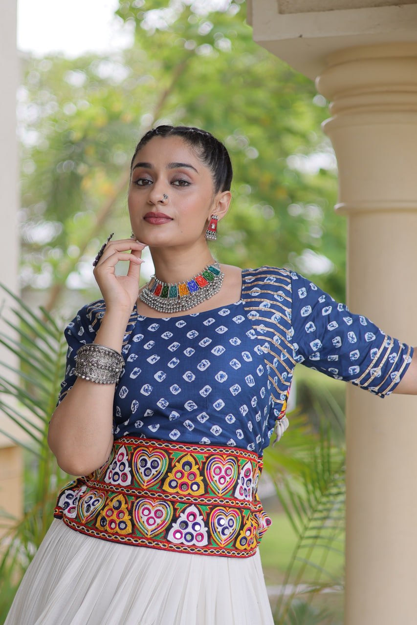 Blue Gamthi Bandhej Cotton Blouse with Gota Patti Cora Cotton Lehenga – Navratri 2026