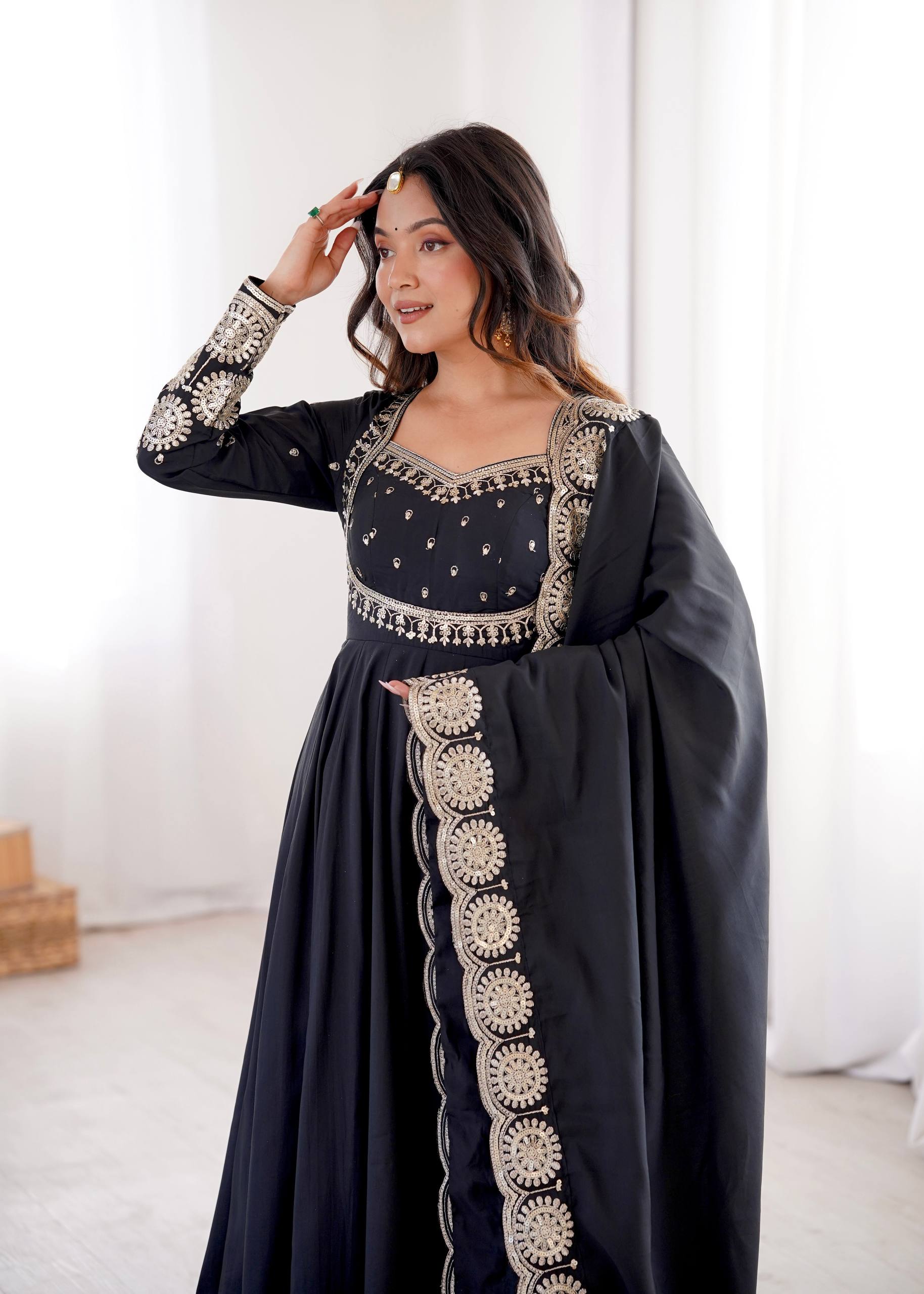 Midnight Black Roman Silk Embroidered Anarkali Suit Set with Chanderi Dupatta