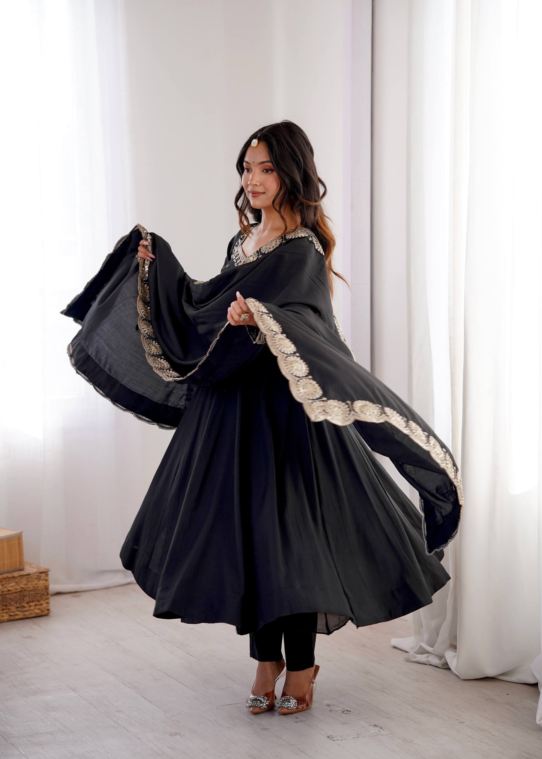Midnight Black Roman Silk Embroidered Anarkali Suit Set with Chanderi Dupatta