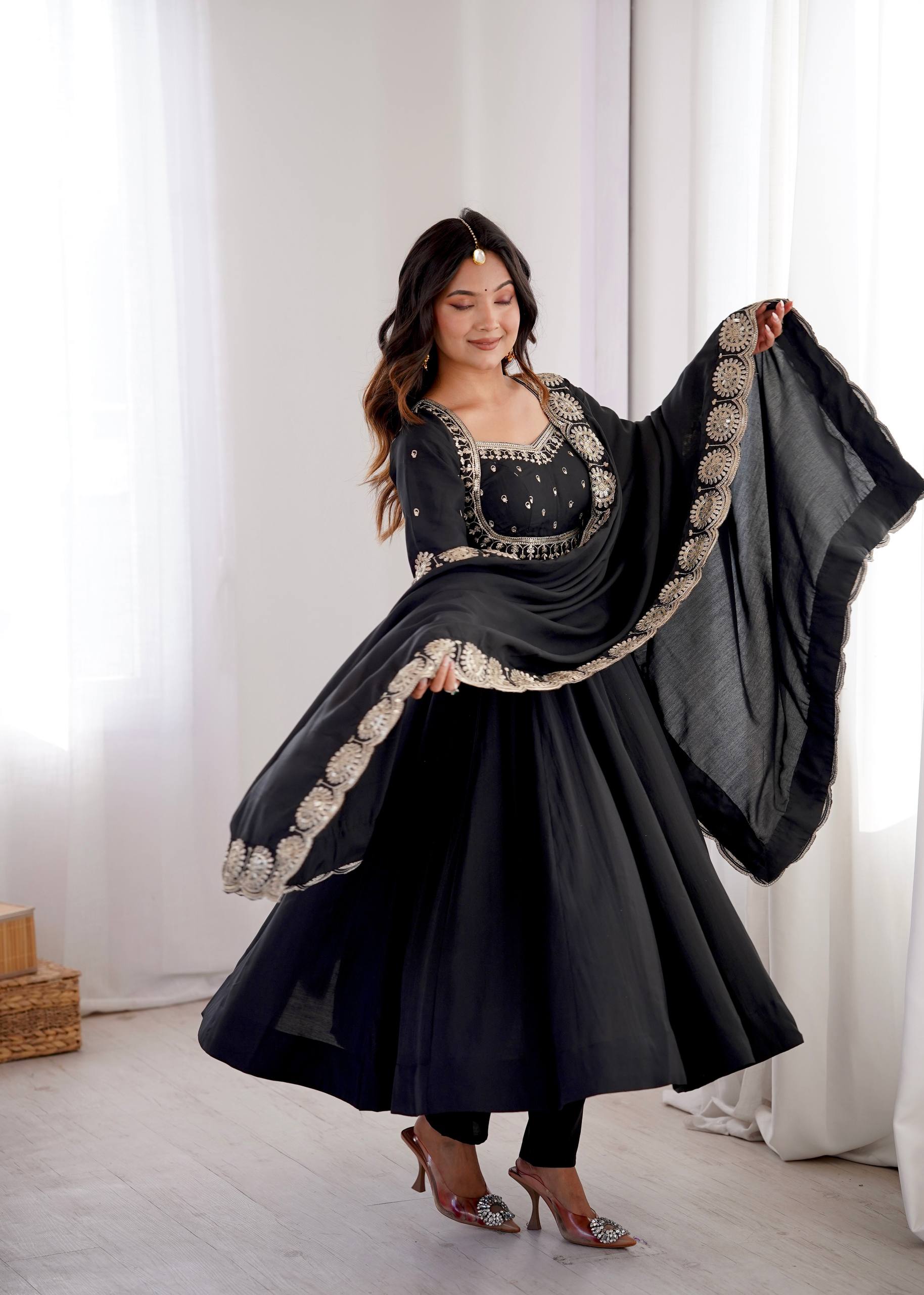 Midnight Black Roman Silk Embroidered Anarkali Suit Set with Chanderi Dupatta