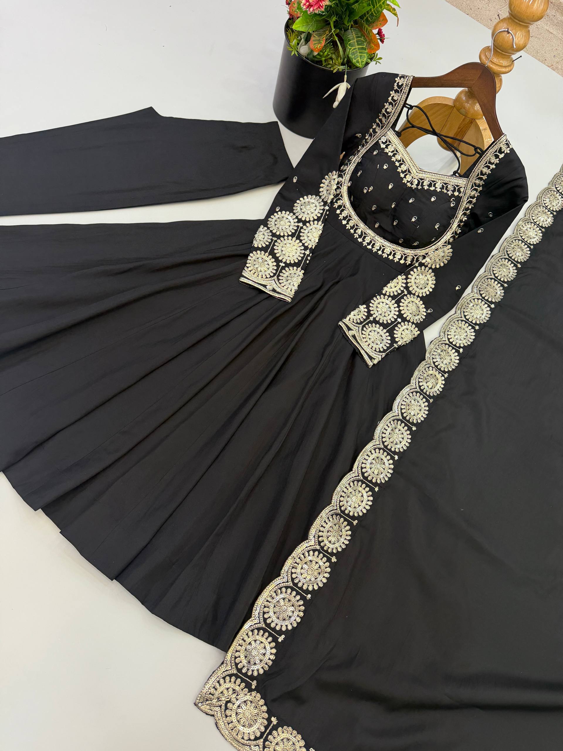 Midnight Black Roman Silk Embroidered Anarkali Suit Set with Chanderi Dupatta