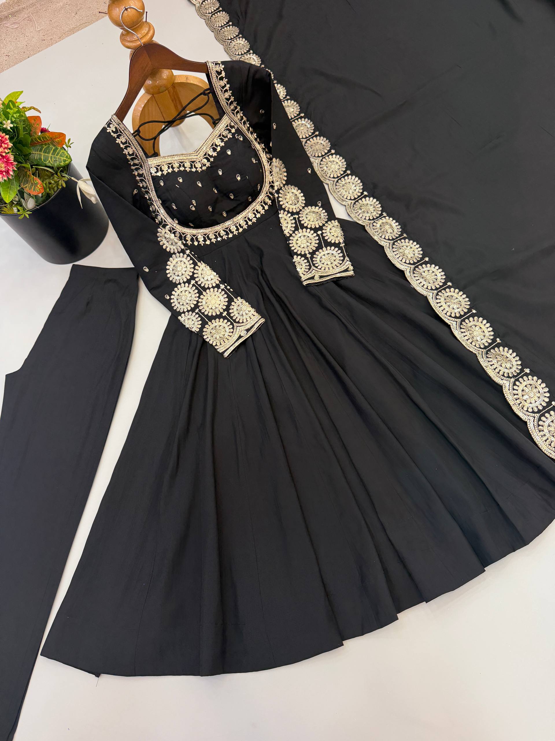 Midnight Black Roman Silk Embroidered Anarkali Suit Set with Chanderi Dupatta