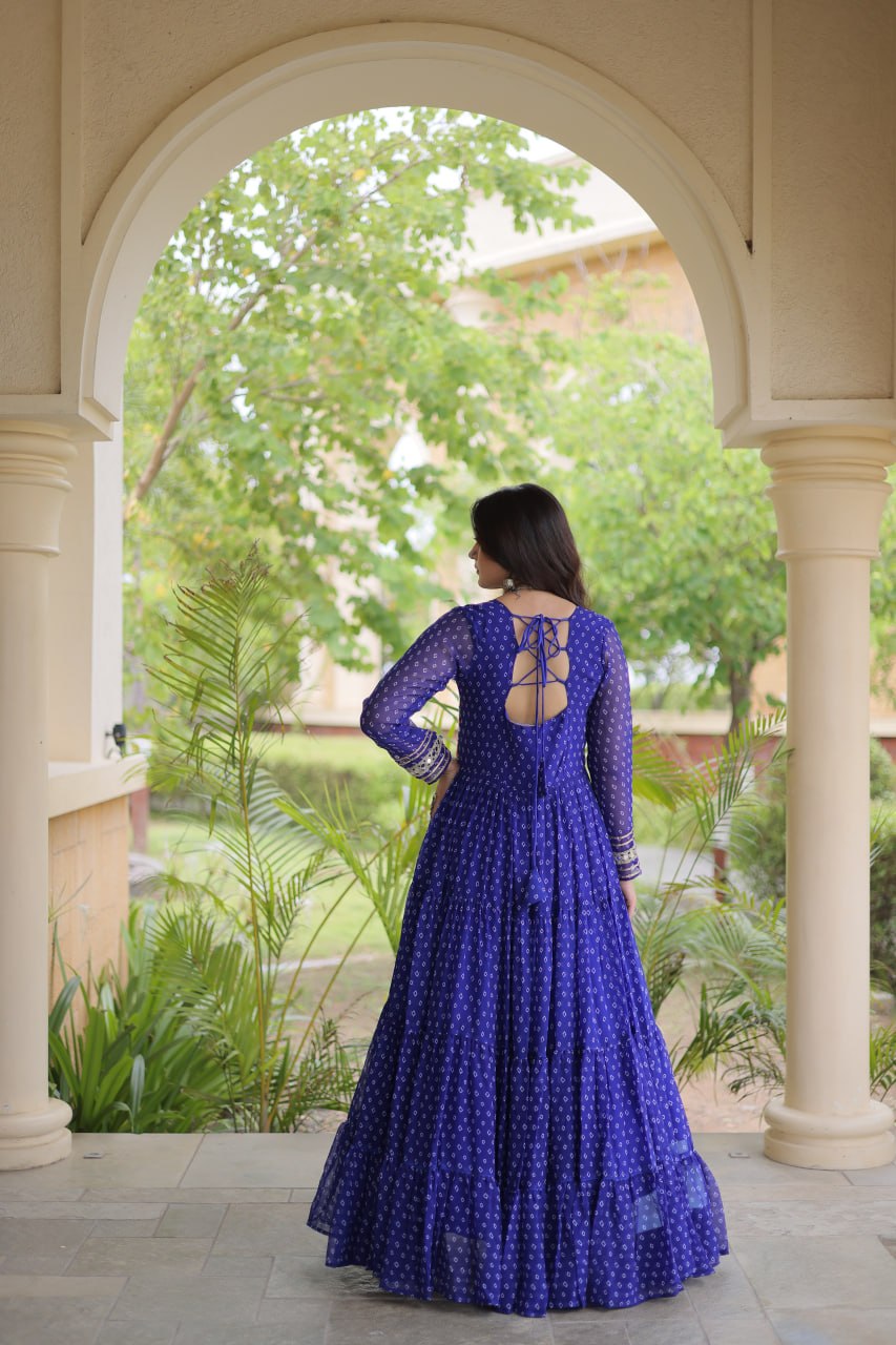 Royal Blue Kutchi Patchwork Laheriya Print Gown | 12 Meter Flair | Navratri 2026