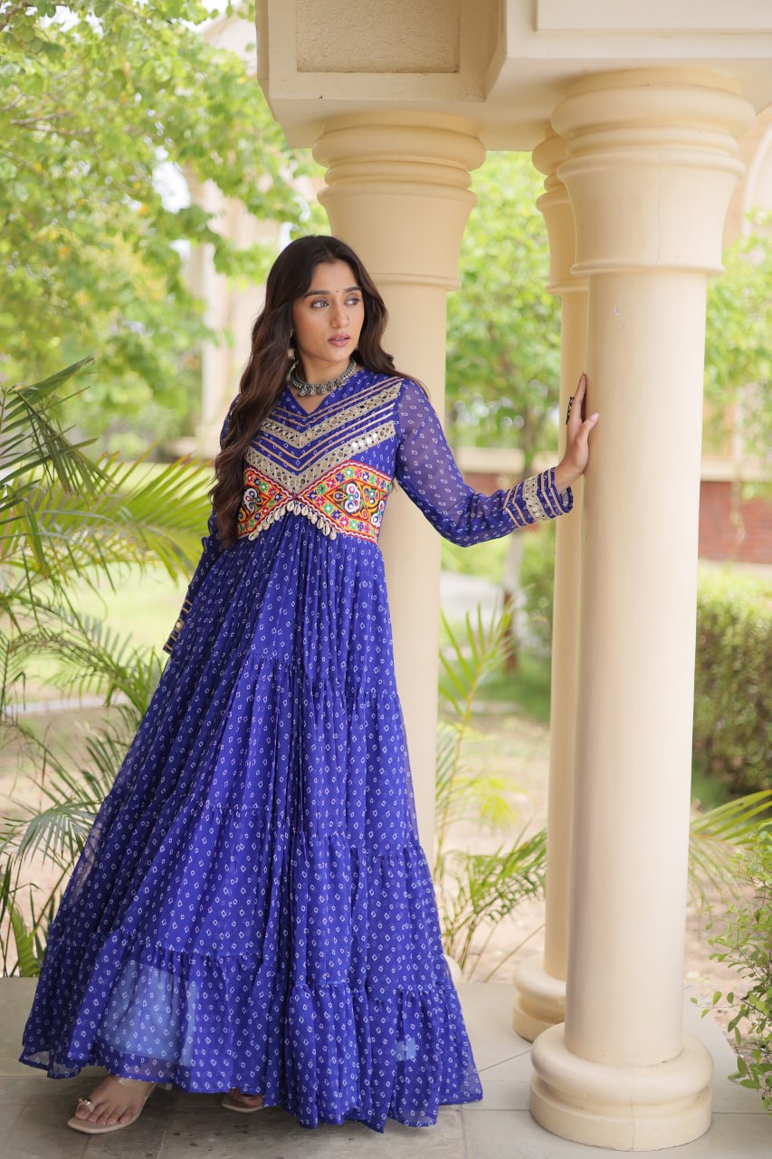 Royal Blue Kutchi Patchwork Laheriya Print Gown | 12 Meter Flair | Navratri 2026
