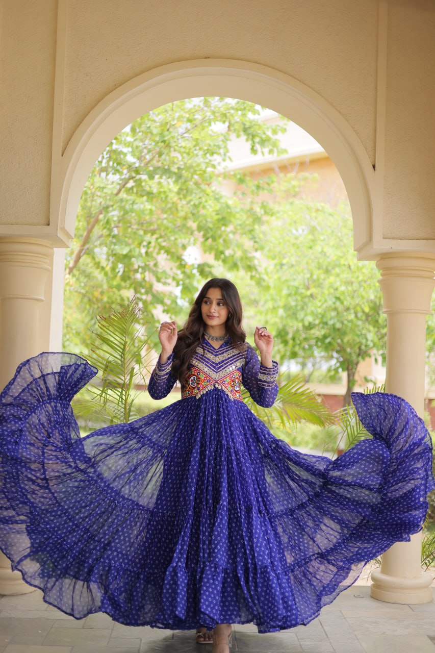 Royal Blue Kutchi Patchwork Laheriya Print Gown | 12 Meter Flair | Navratri 2026