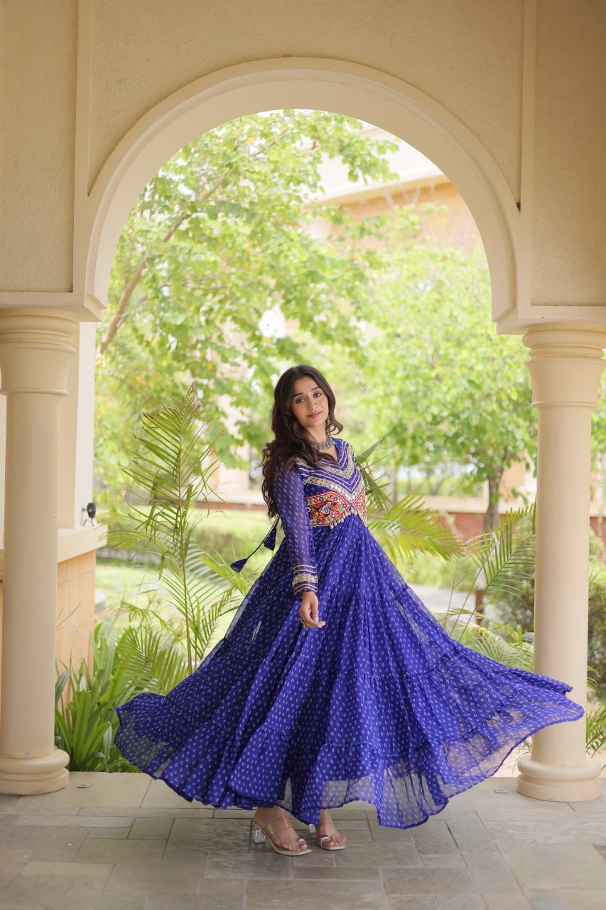 Royal Blue Kutchi Patchwork Laheriya Print Gown | 12 Meter Flair | Navratri 2026