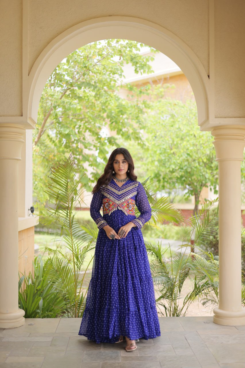 Royal Blue Kutchi Patchwork Laheriya Print Gown | 12 Meter Flair | Navratri 2026