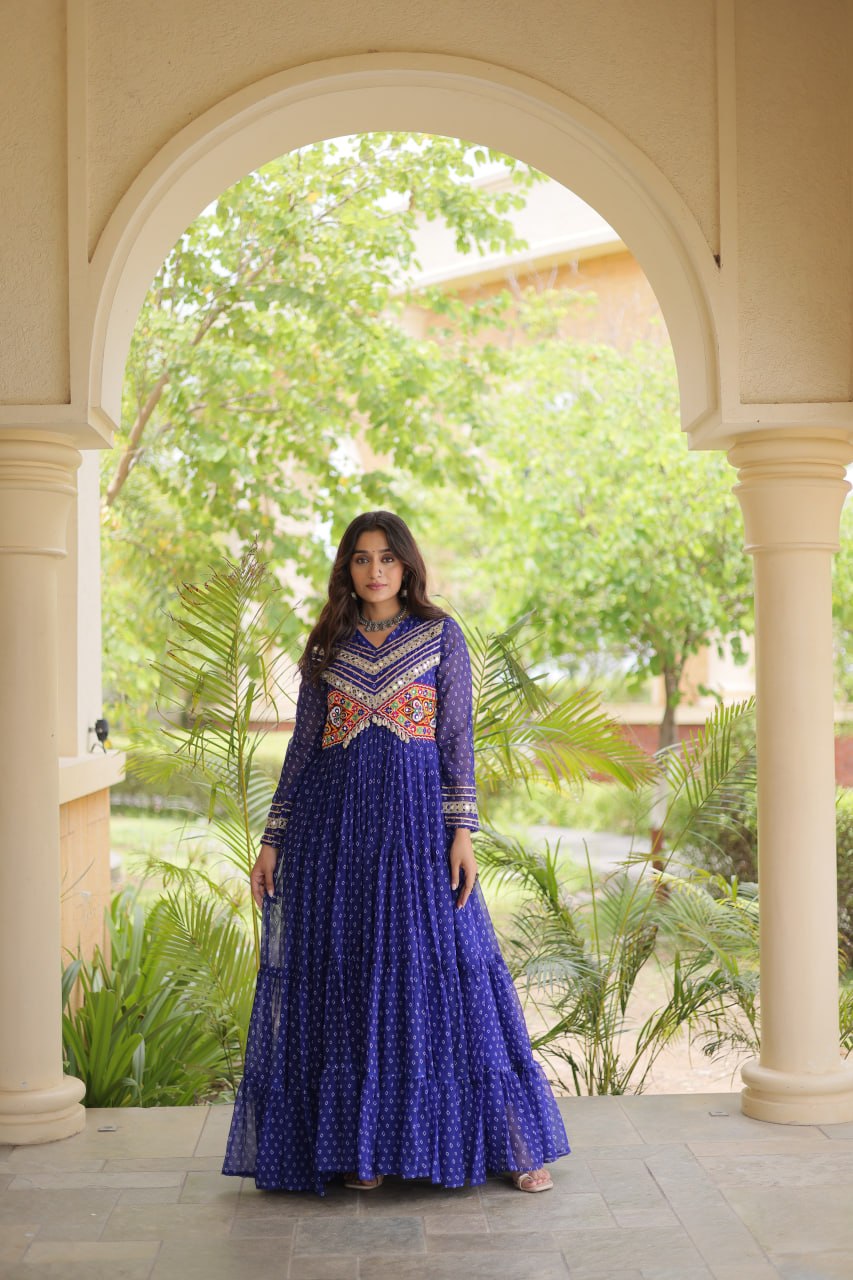 Royal Blue Kutchi Patchwork Laheriya Print Gown | 12 Meter Flair | Navratri 2026