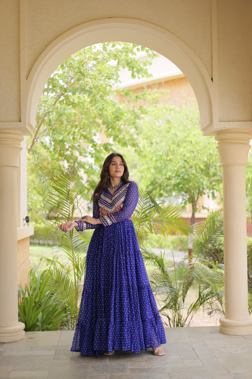 Royal Blue Kutchi Patchwork Laheriya Print Gown | 12 Meter Flair | Navratri 2026