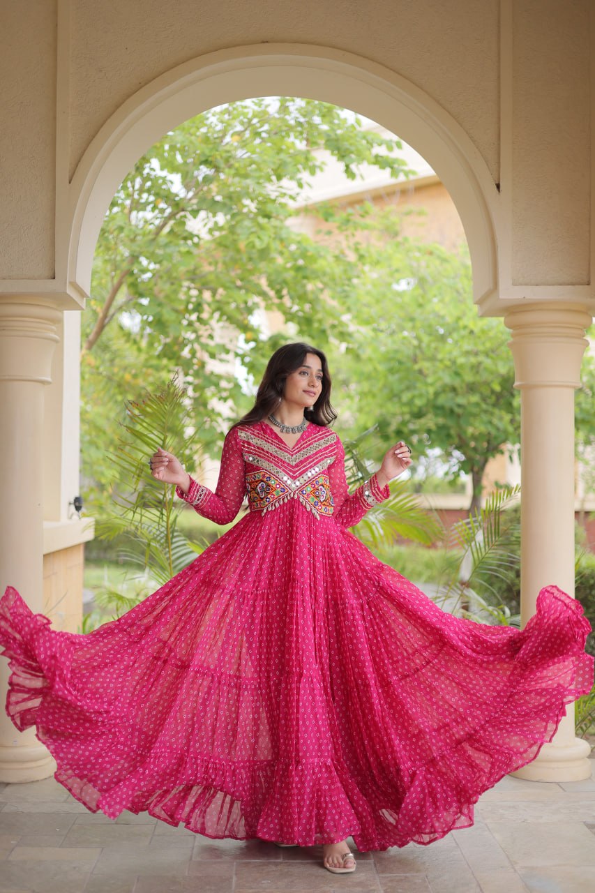 Rani Pink Kutchi Patchwork Laheriya Gown | 12 Meter Flair | Navratri 2026