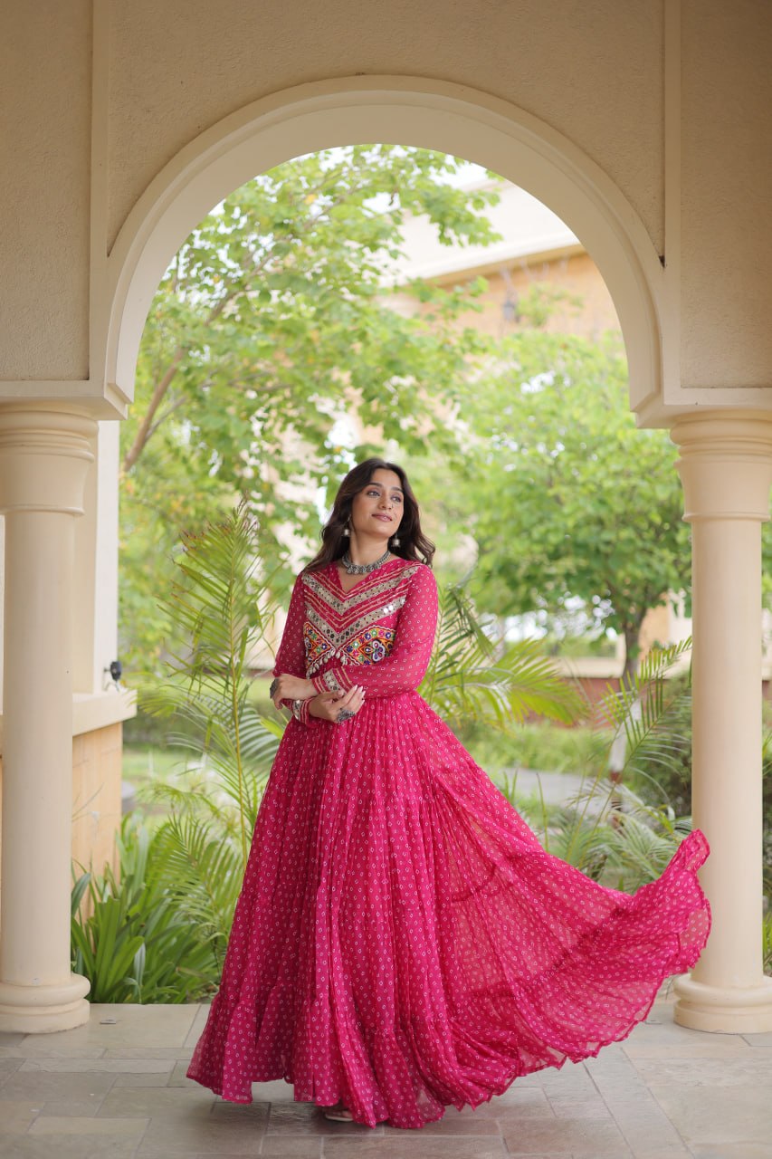Rani Pink Kutchi Patchwork Laheriya Gown | 12 Meter Flair | Navratri 2026