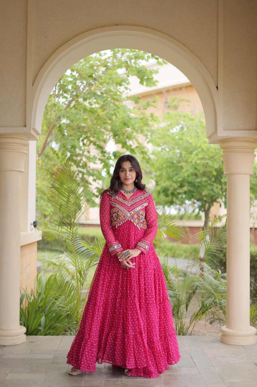 Rani Pink Kutchi Patchwork Laheriya Gown | 12 Meter Flair | Navratri 2026