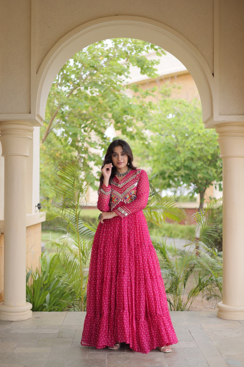 Rani Pink Kutchi Patchwork Laheriya Gown | 12 Meter Flair | Navratri 2026