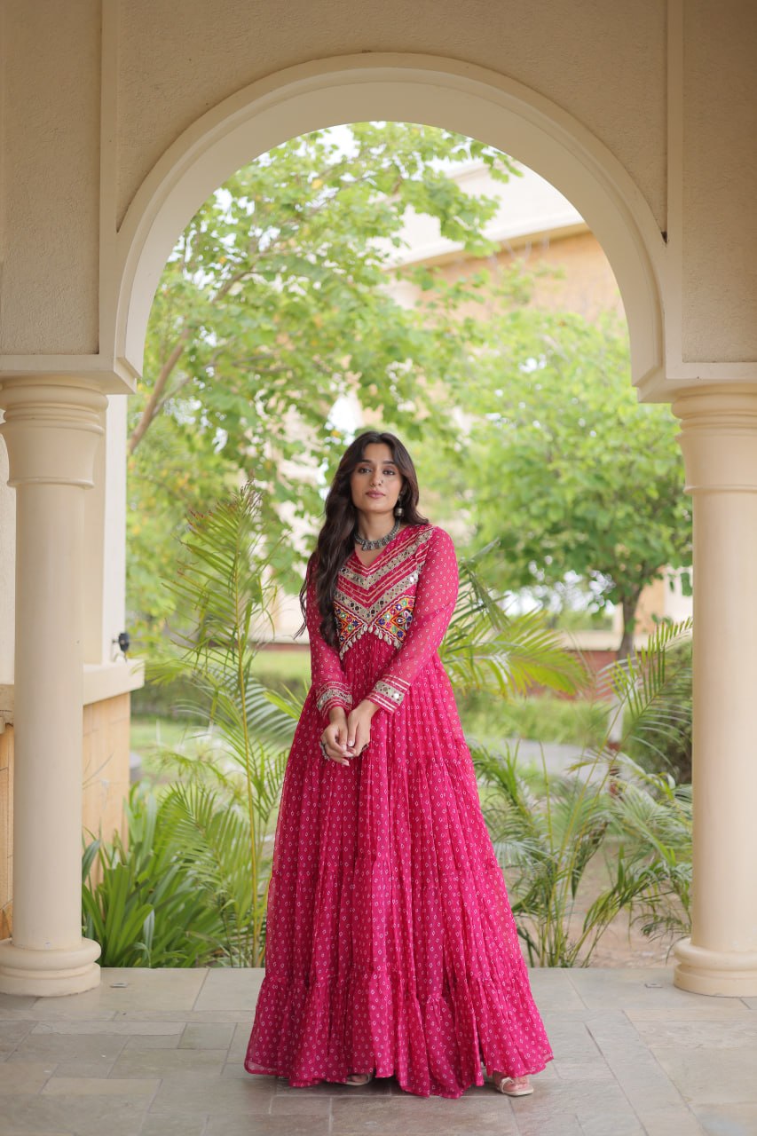 Rani Pink Kutchi Patchwork Laheriya Gown | 12 Meter Flair | Navratri 2026