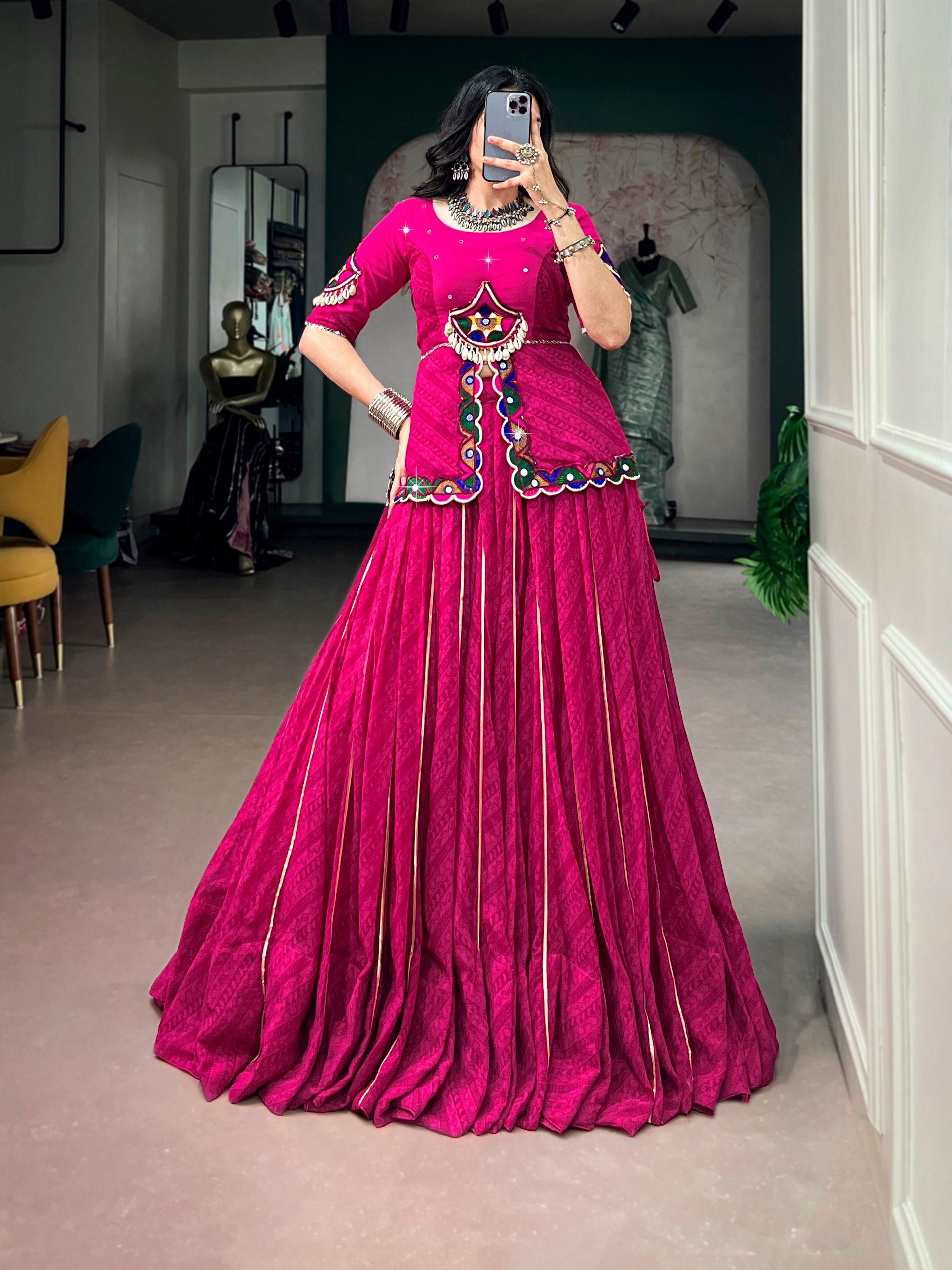 Rani Pink Gamthi Mirror Work Navratri Lehenga Choli Set