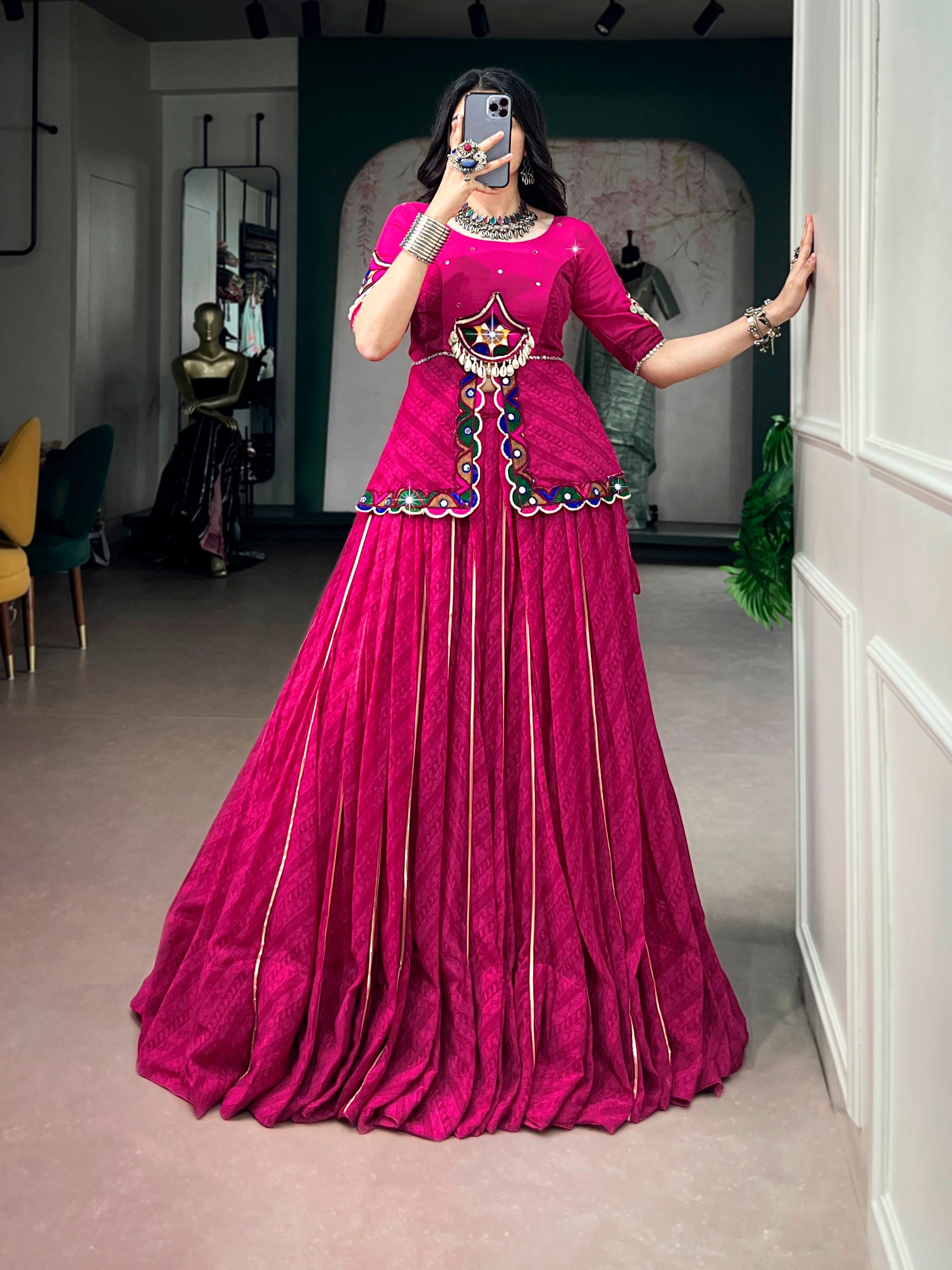 Rani Pink Gamthi Mirror Work Navratri Lehenga Choli Set