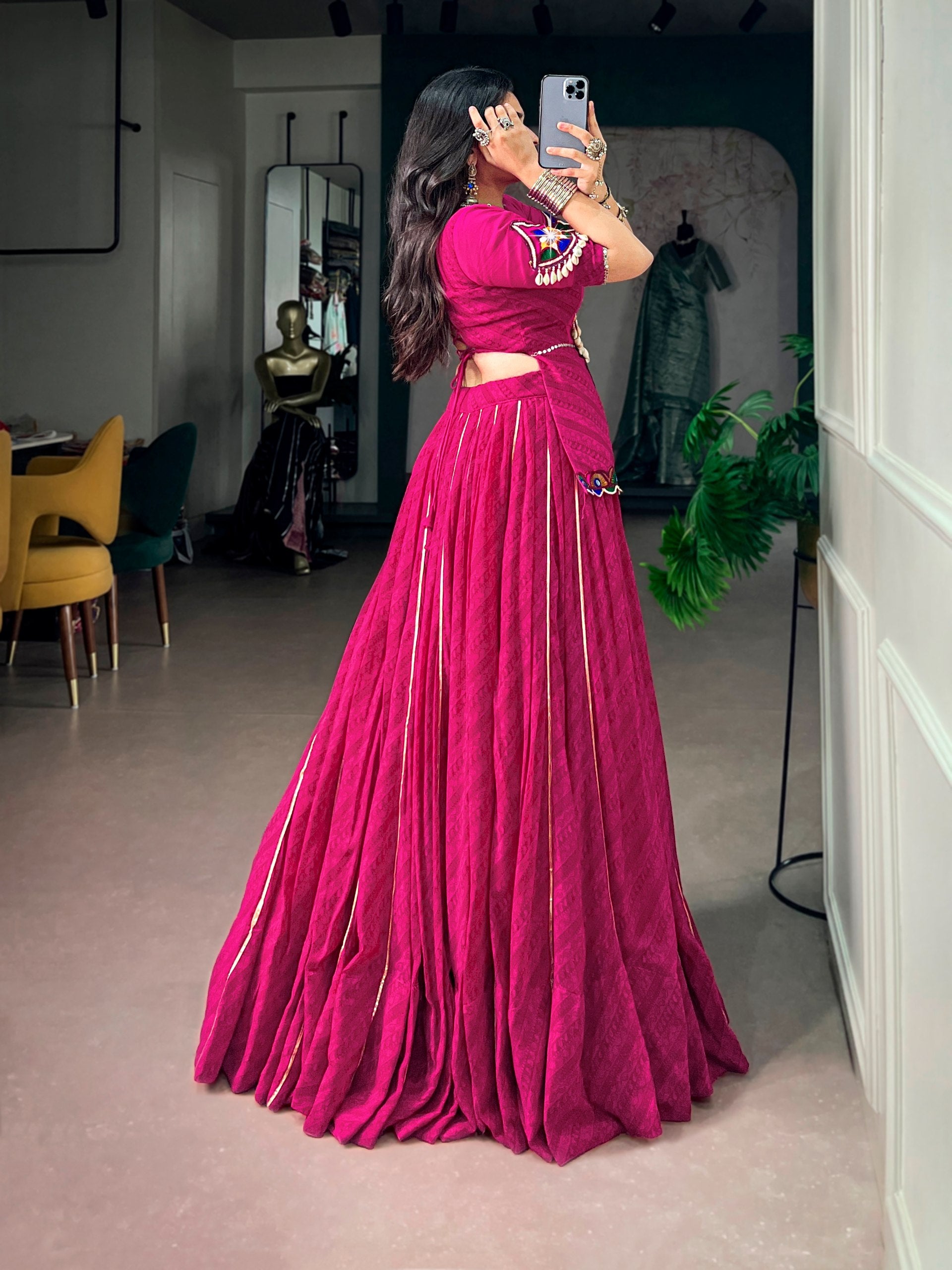 Rani Pink Gamthi Mirror Work Navratri Lehenga Choli Set