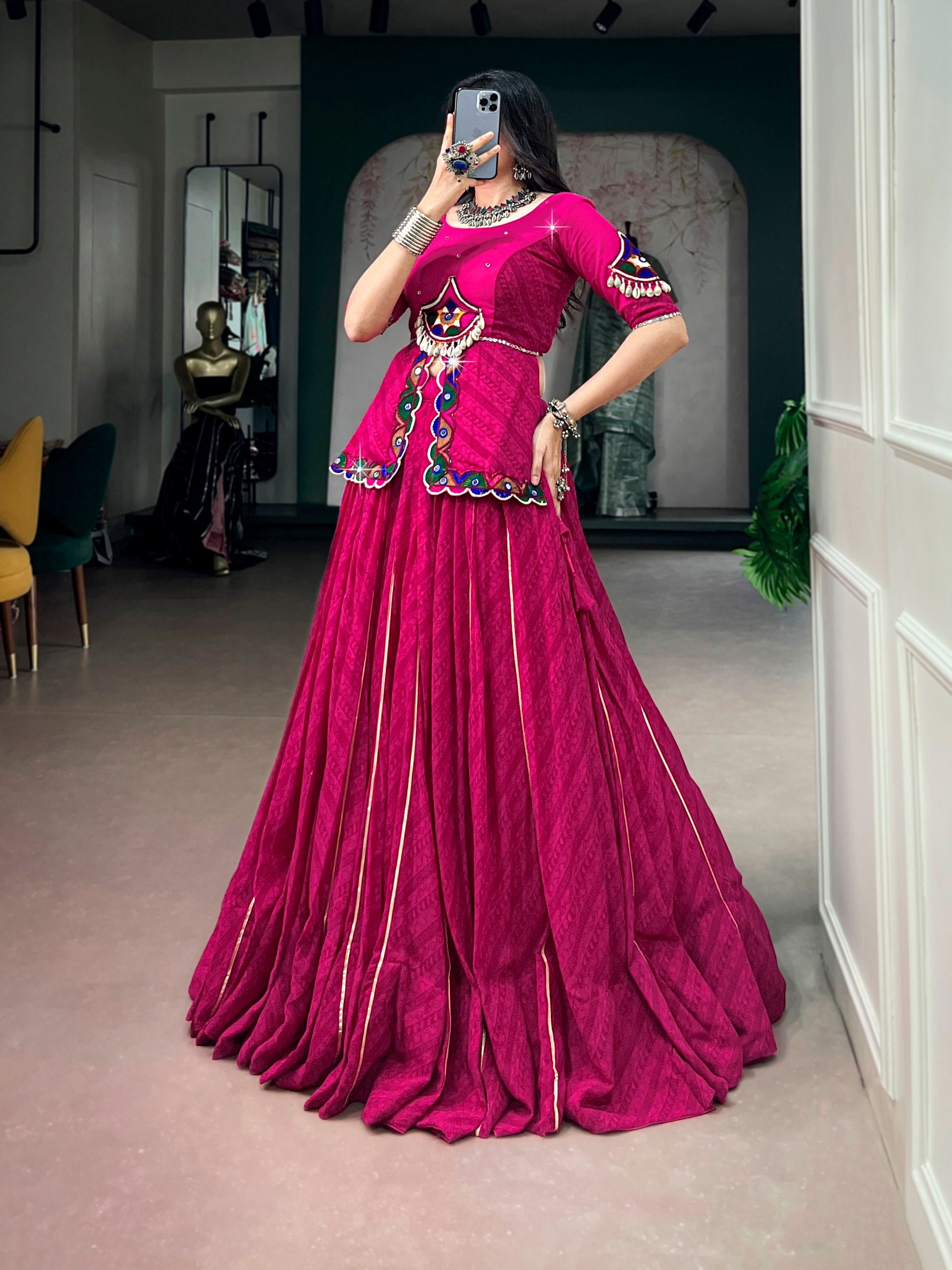 Rani Pink Gamthi Mirror Work Navratri Lehenga Choli Set