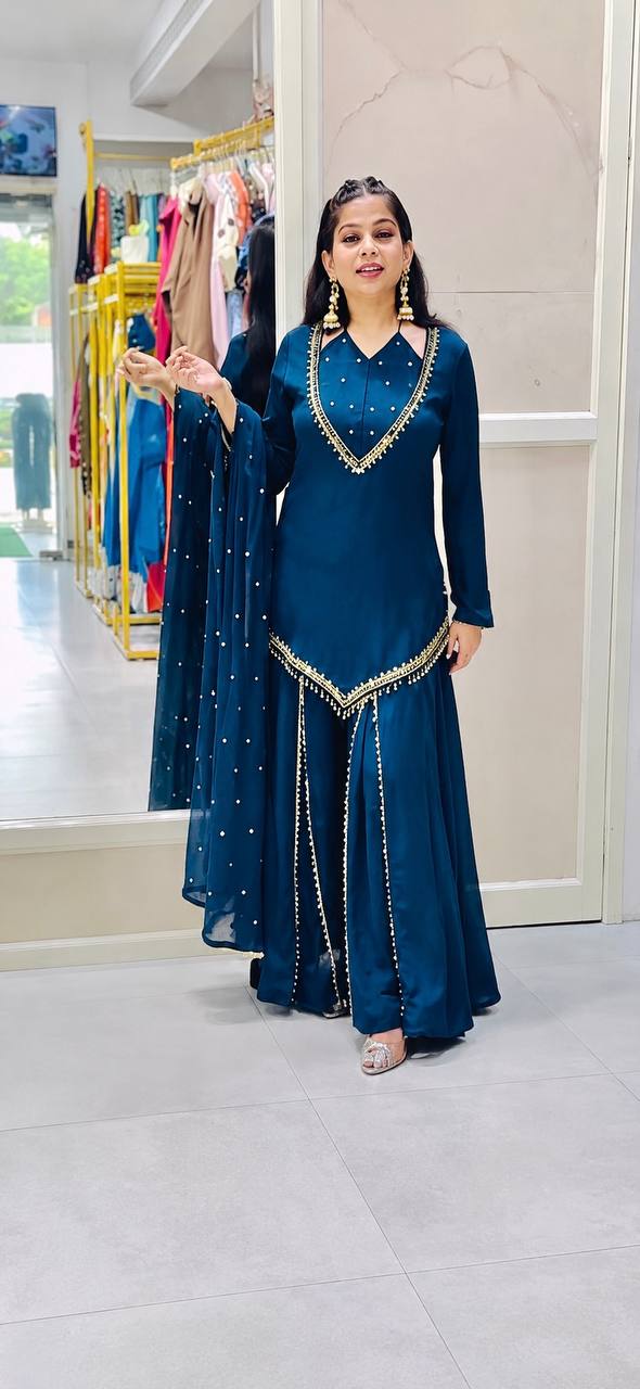 Blue Roman Glass Mirror Work Palazzo Suit with Chanderi Dupatta