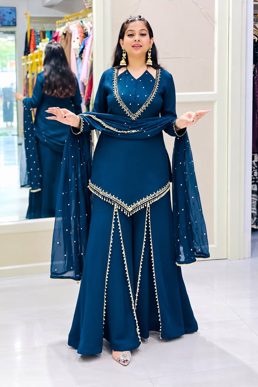 Blue Roman Glass Mirror Work Palazzo Suit with Chanderi Dupatta