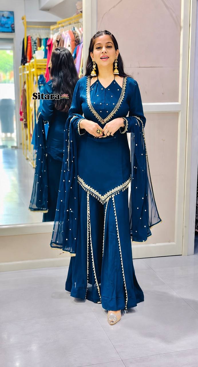 Blue Roman Glass Mirror Work Palazzo Suit with Chanderi Dupatta