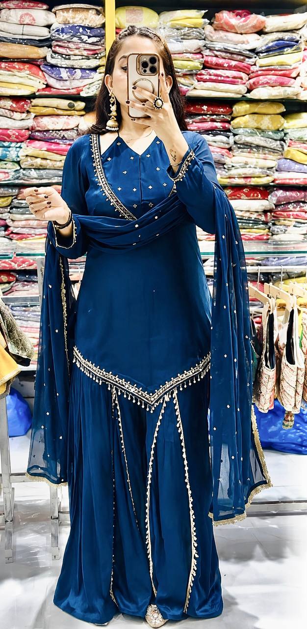 Blue Roman Glass Mirror Work Palazzo Suit with Chanderi Dupatta