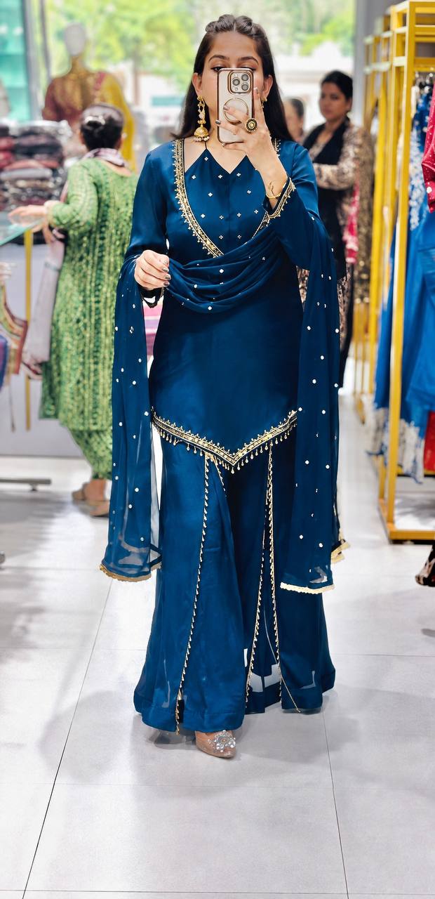 Blue Roman Glass Mirror Work Palazzo Suit with Chanderi Dupatta