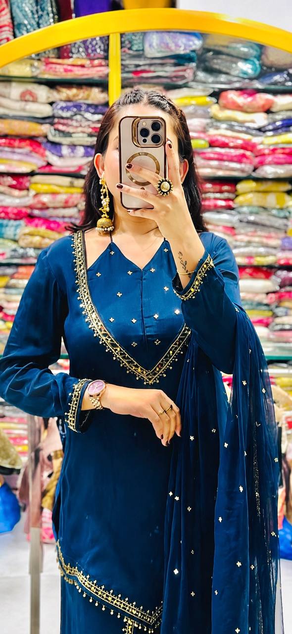Blue Roman Glass Mirror Work Palazzo Suit with Chanderi Dupatta