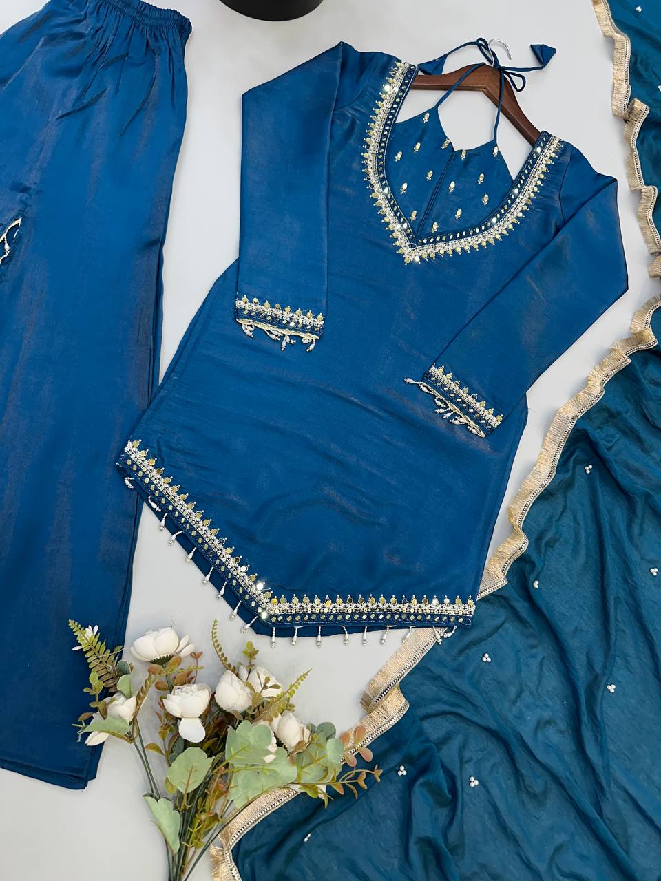Blue Roman Glass Mirror Work Palazzo Suit with Chanderi Dupatta