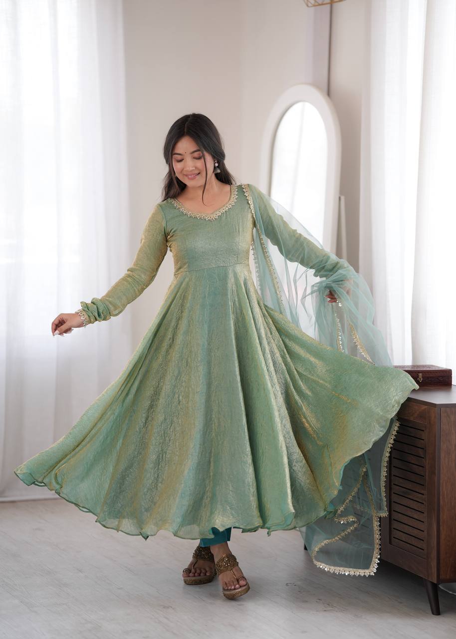 Sage Green Doremon Crush Gown Set with Real Mirror Work Lace & Net Dupatta